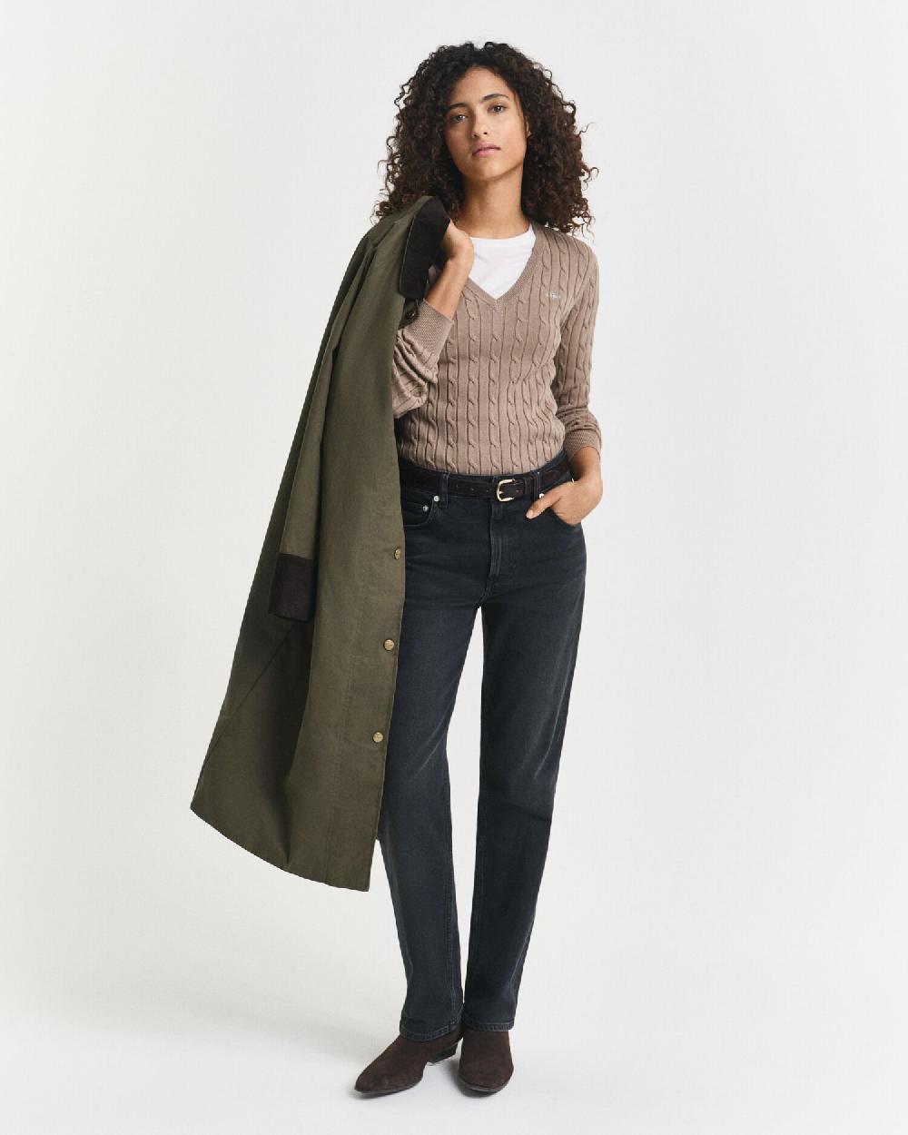Gant Stretch Cotton Cable Knit V-Neck Sweater Taupe Beige