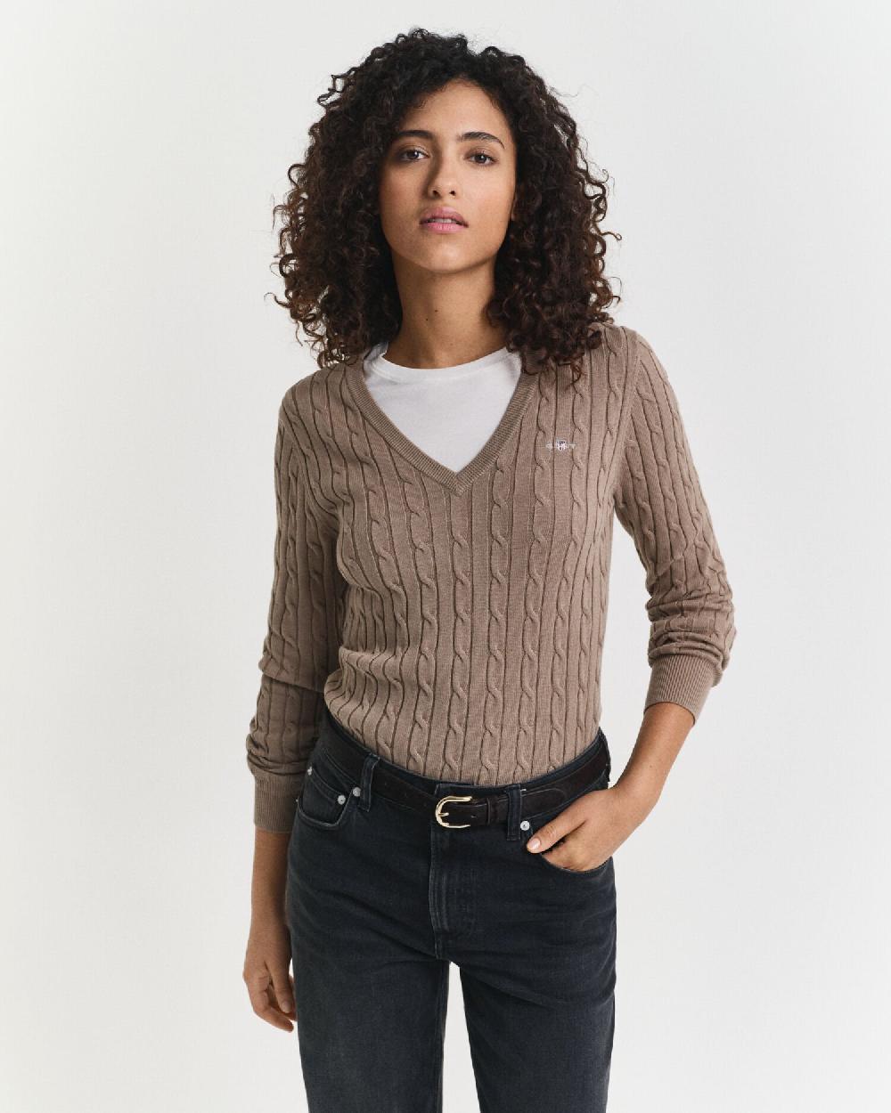 gant Stretch Cotton Cable Knit V-Neck Sweater taupe beige