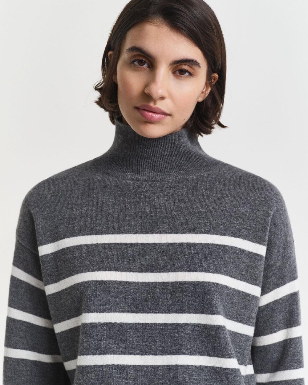 Gant Striped Superfine Lambswool Turtleneck Sweater Charcoal Melange