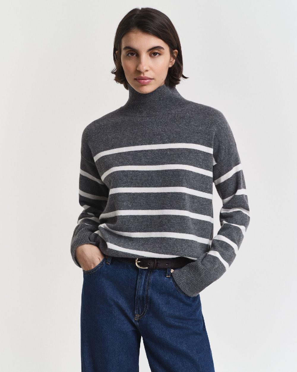 gant Striped Superfine Lambswool Turtleneck Sweater charcoal melange