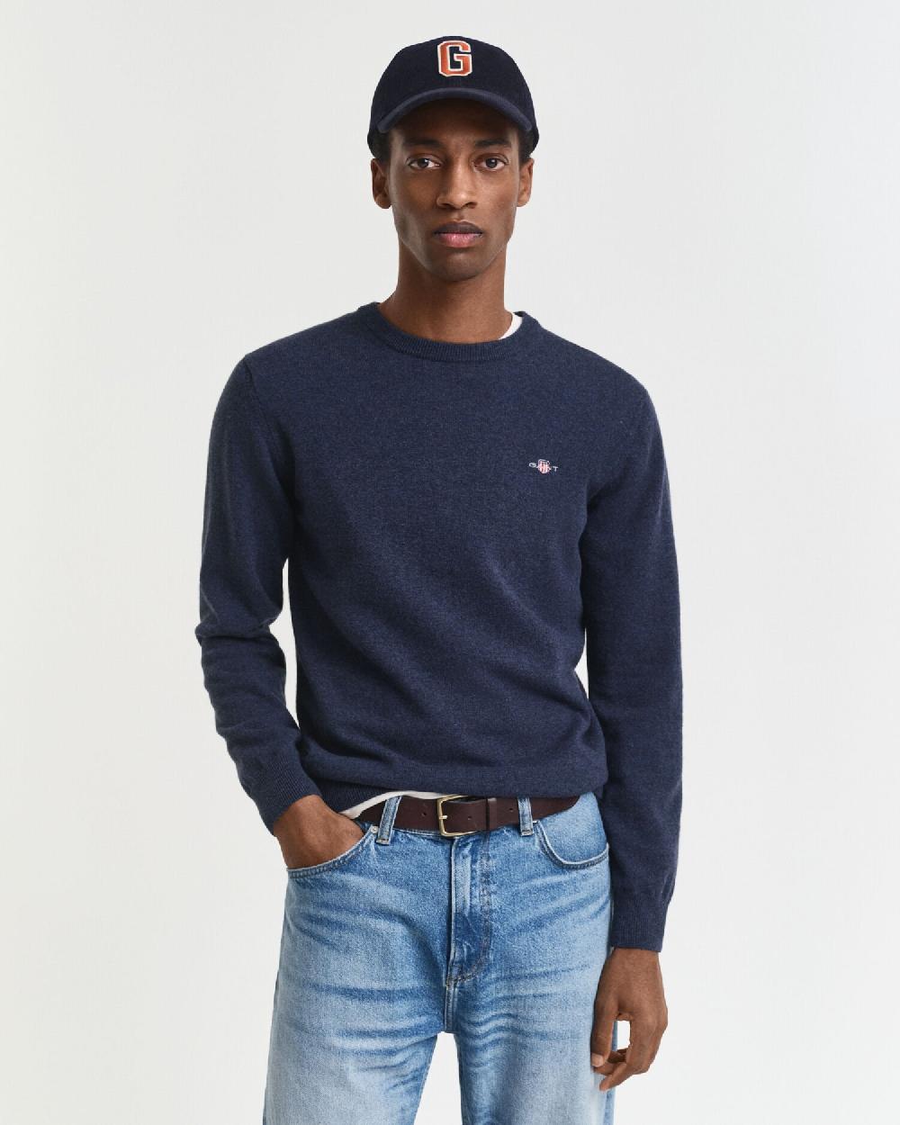 gant Superfine Lambswool Crew Neck Sweater dark navy melange