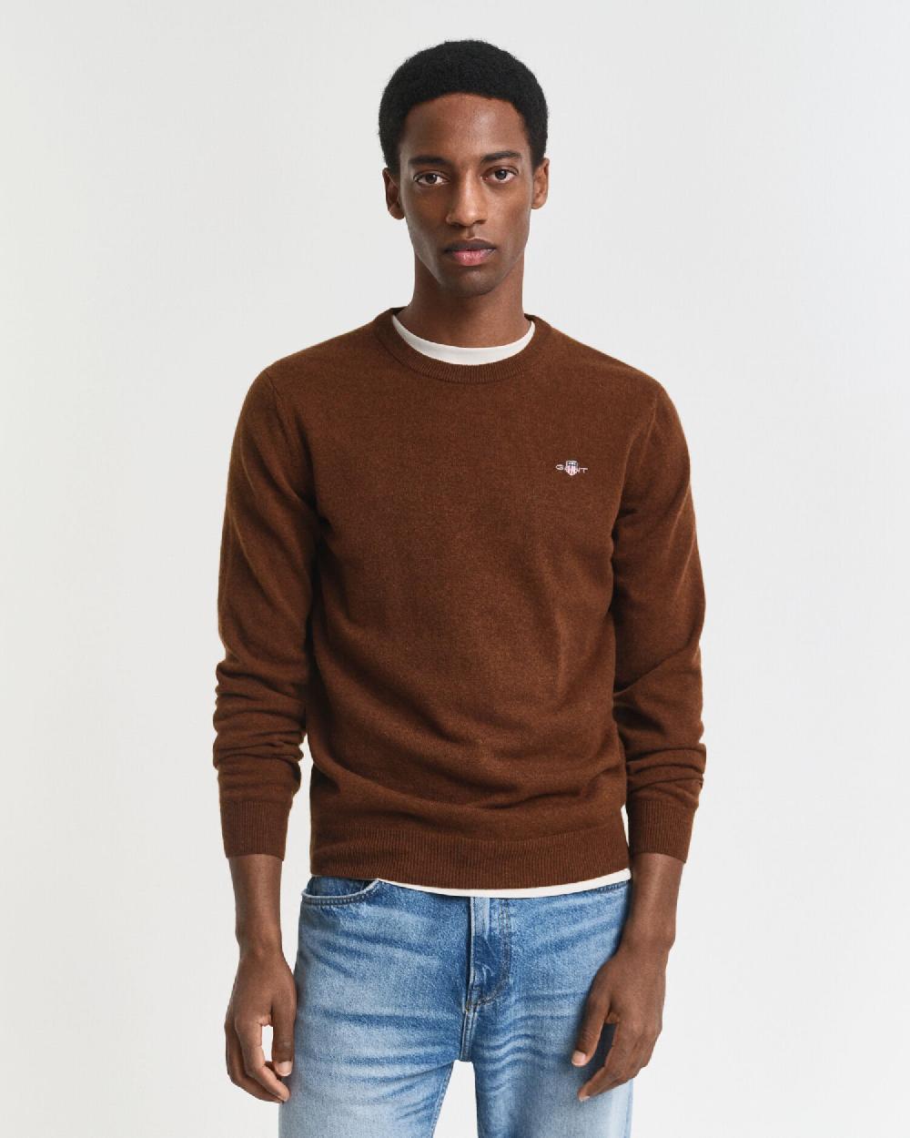 gant Superfine Lambswool Crew Neck Sweater mahogany brown