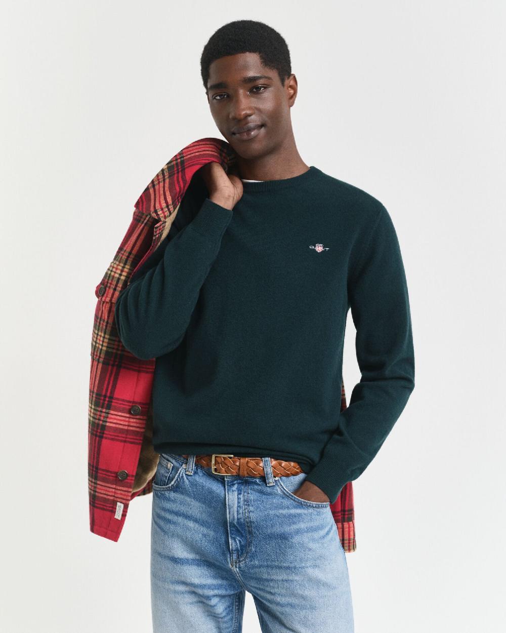 gant Superfine Lambswool Crew Neck Sweater tartan green
