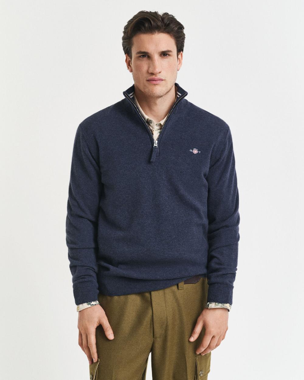gant Superfine Lambswool Half-Zip Sweater dark navy melange