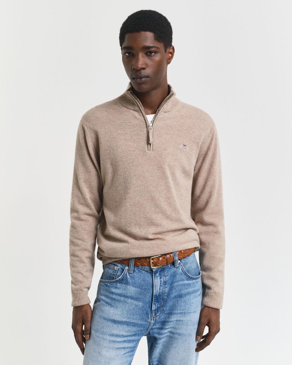 gant Superfine Lambswool Half-Zip Sweater dk sand melange