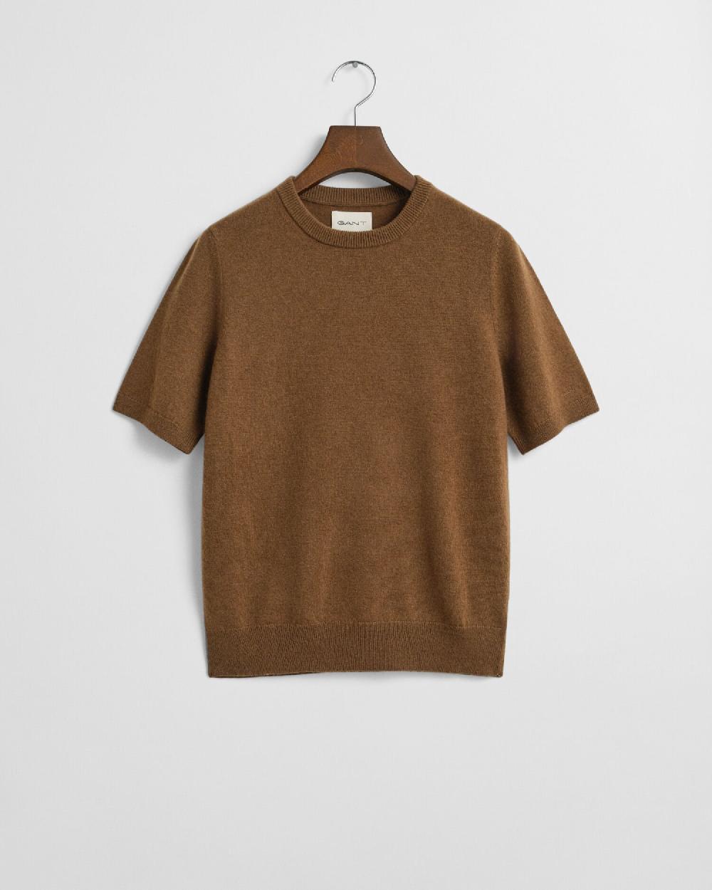 gant Superfine Lambswool Short Sleeve Crew Neck Sweater warm khaki