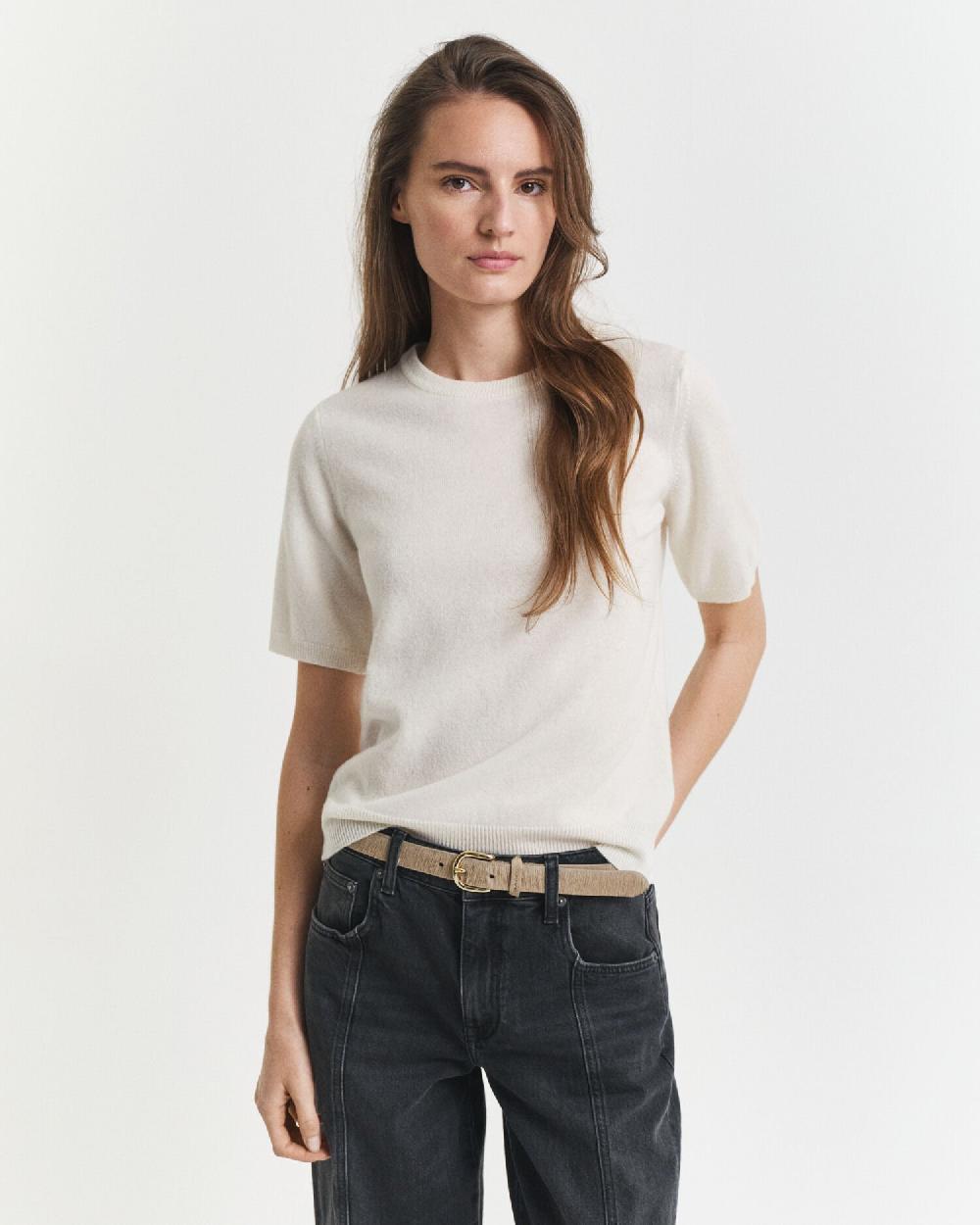 gant Superfine Lambswool Short Sleeve Crew Neck Sweater cream