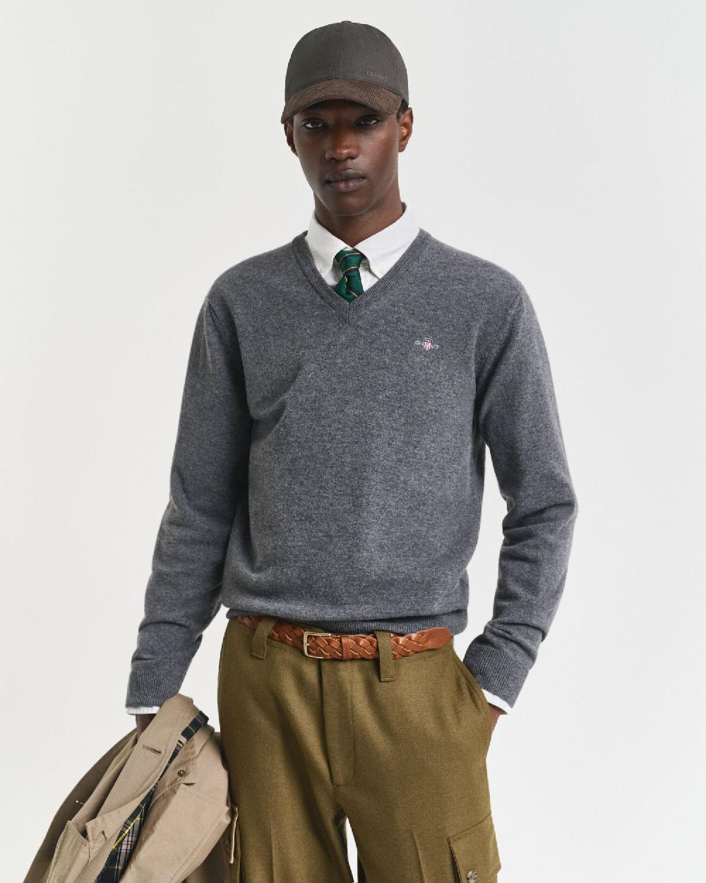 gant Superfine Lambswool V-Neck Sweater charcoal melange