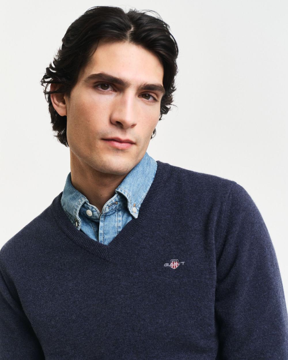 Gant Superfine Lambswool V-Neck Sweater Dark Navy Melange