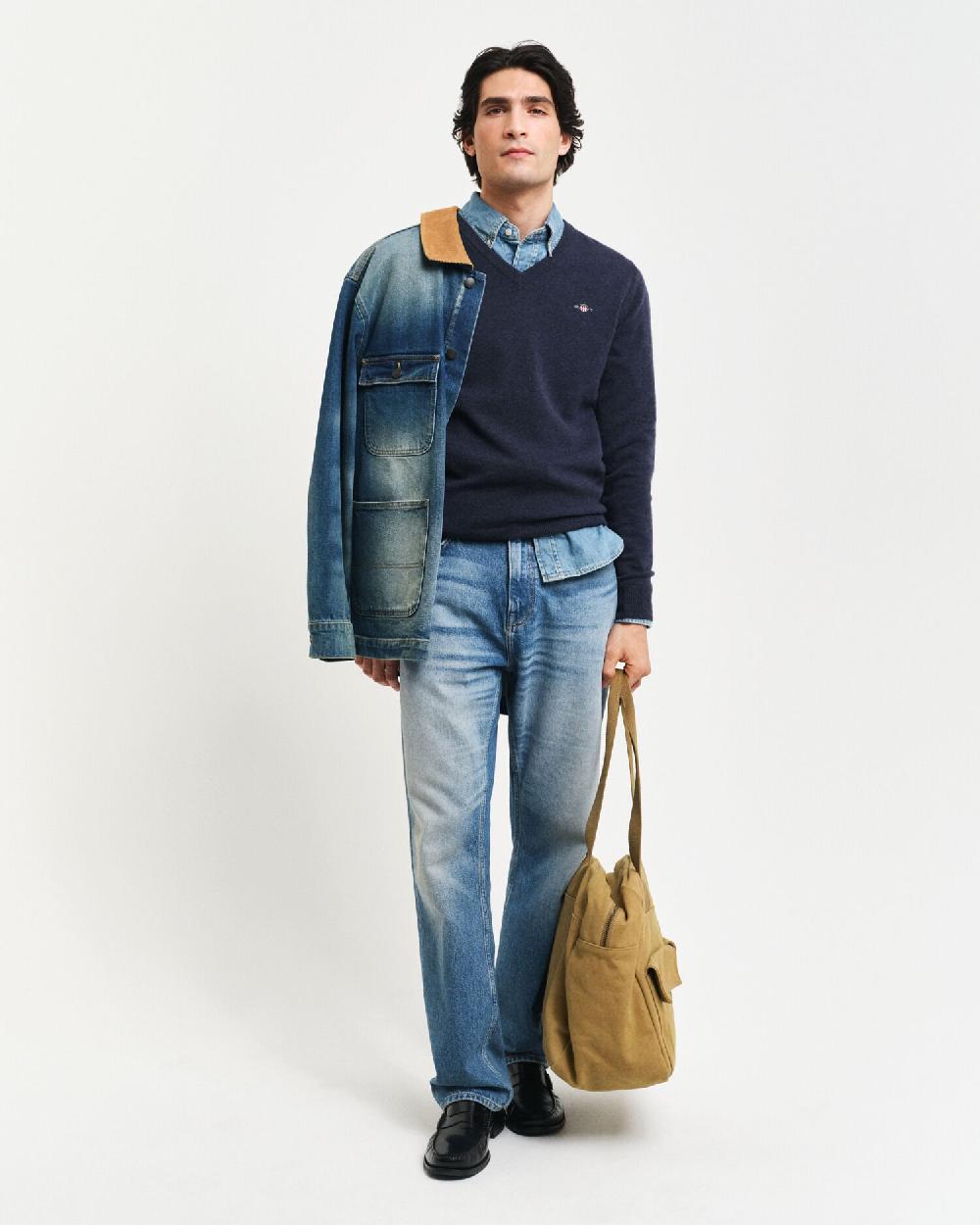 Gant Superfine Lambswool V-Neck Sweater Dark Navy Melange