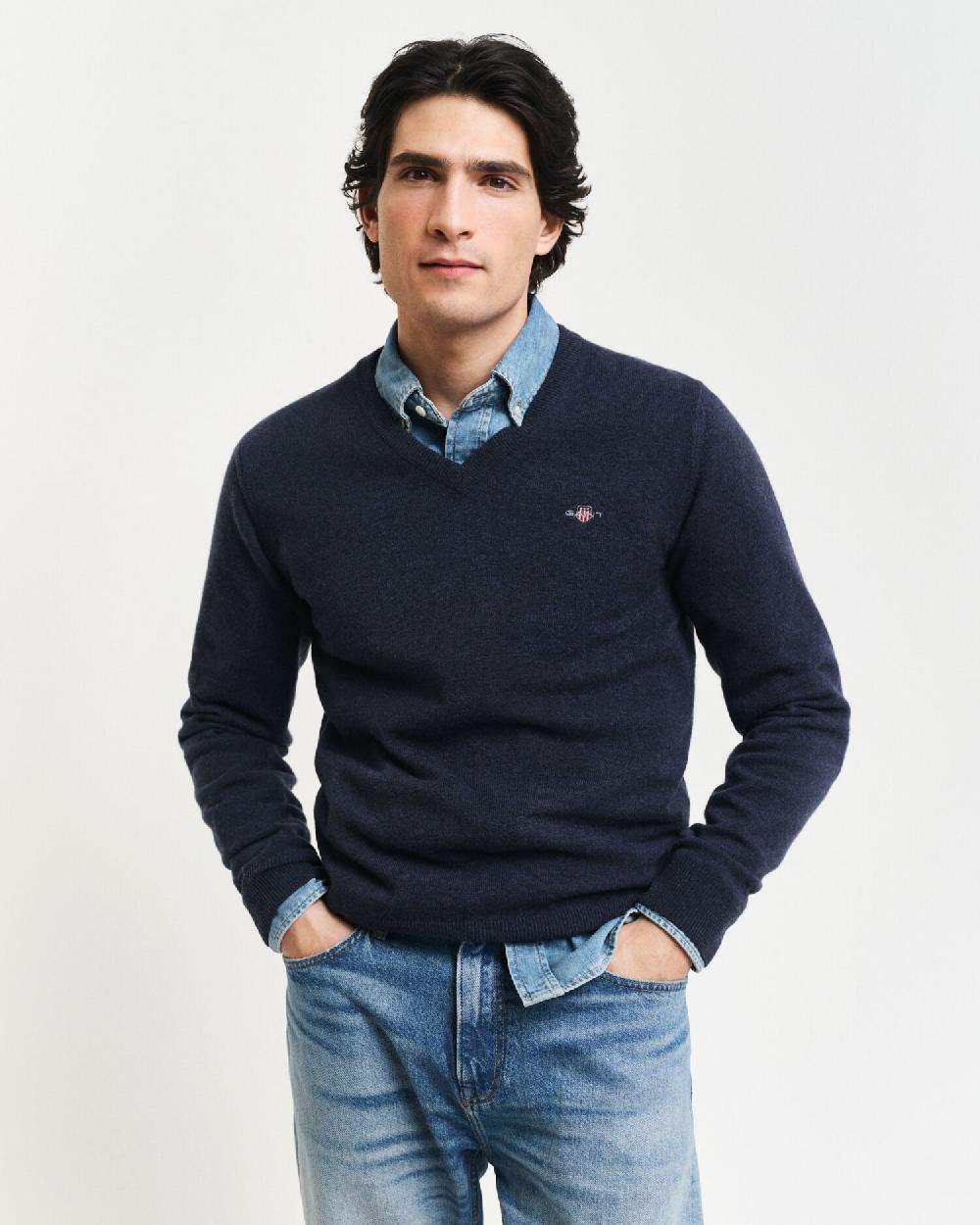 gant Superfine Lambswool V-Neck Sweater dark navy melange