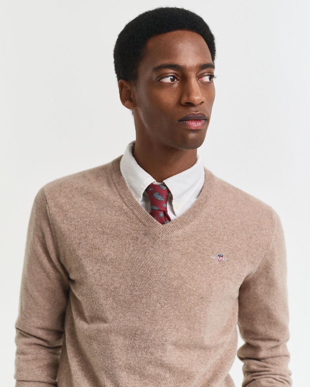 Gant Superfine Lambswool V-Neck Sweater Dk Sand Melange