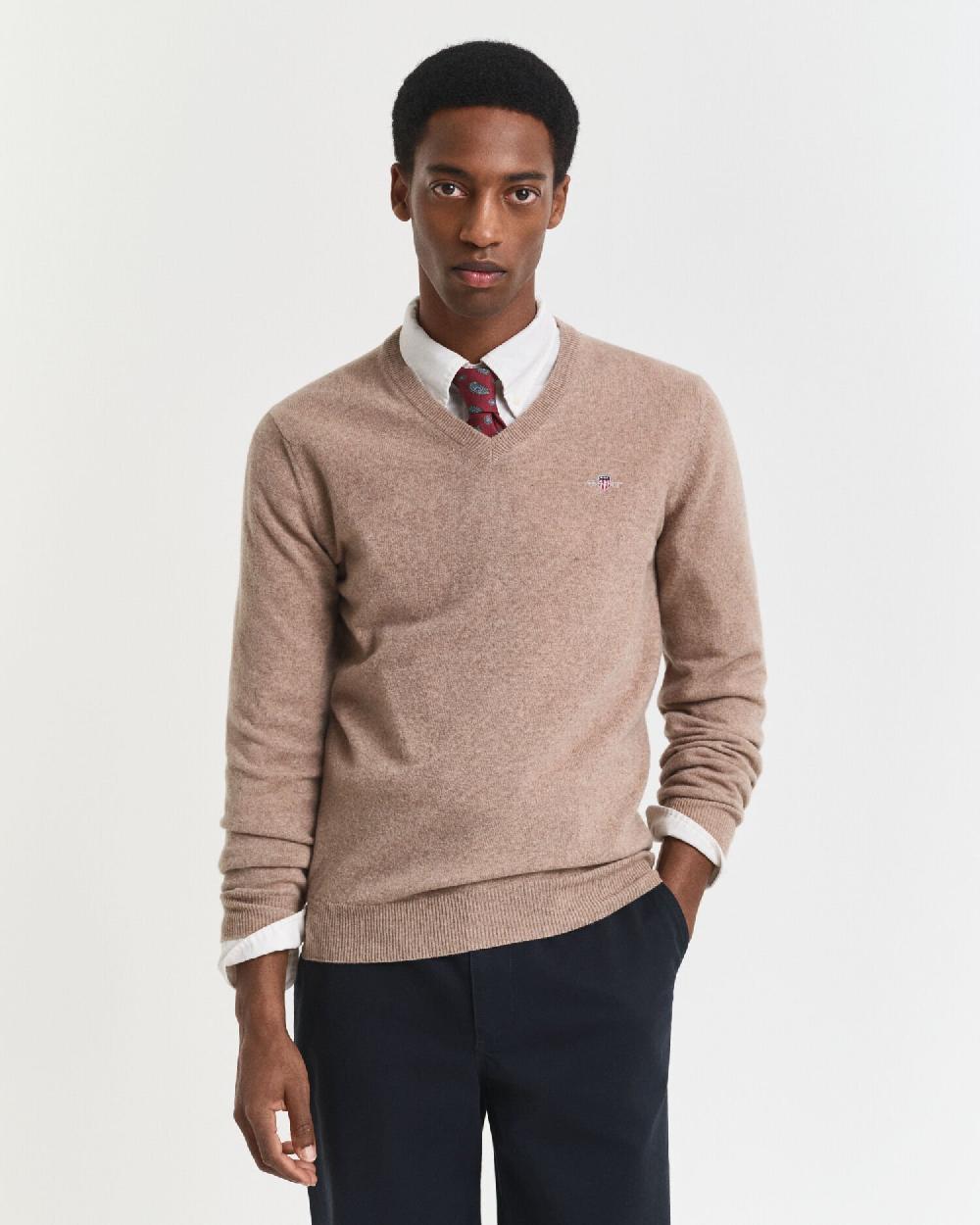 gant Superfine Lambswool V-Neck Sweater dk sand melange