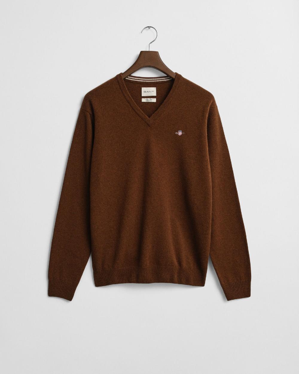 gant Superfine Lambswool V-Neck Sweater mahogany brown