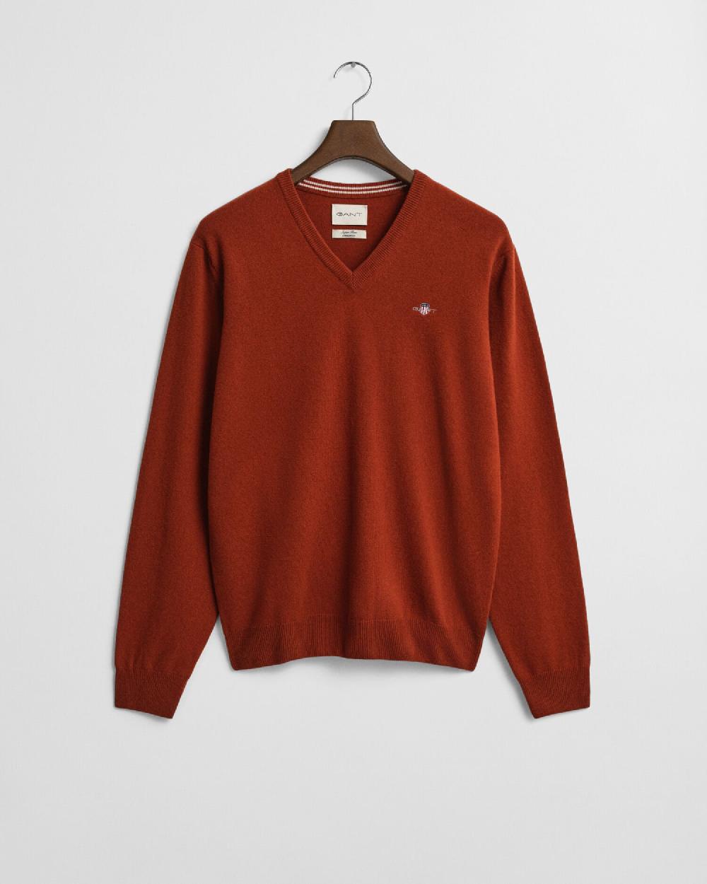 gant Superfine Lambswool V-Neck Sweater modern rust