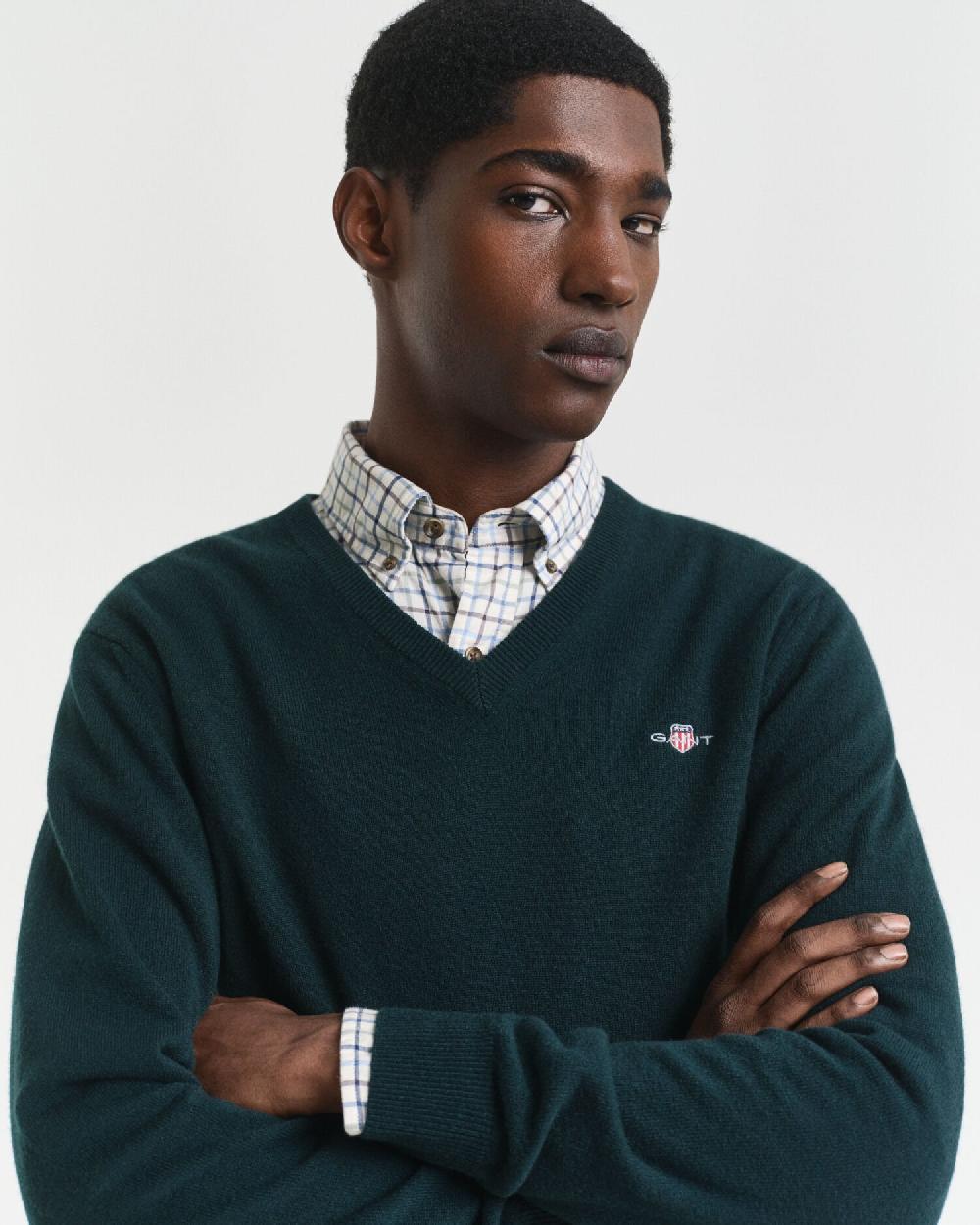 Gant Superfine Lambswool V-Neck Sweater Tartan Green