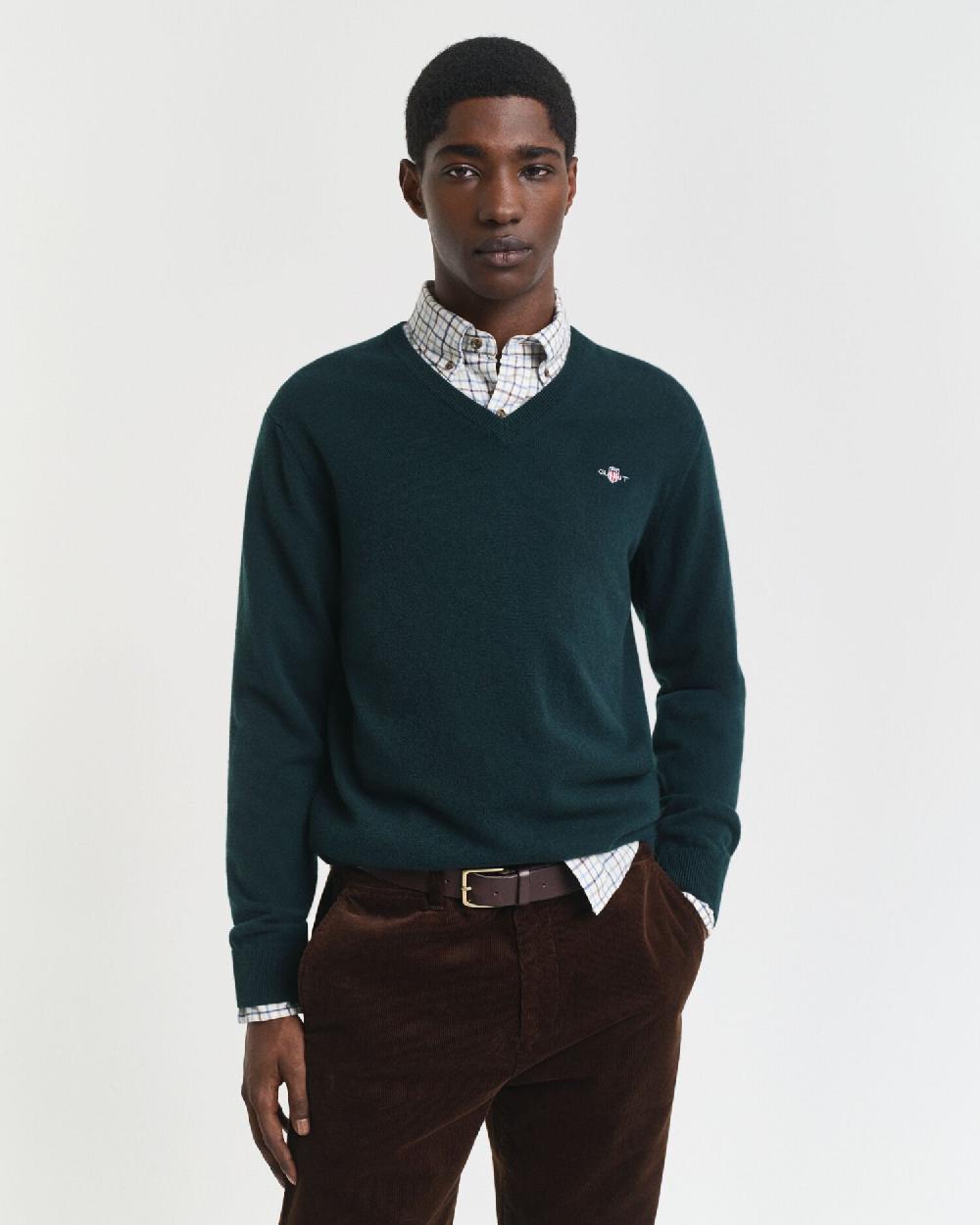 gant Superfine Lambswool V-Neck Sweater tartan green