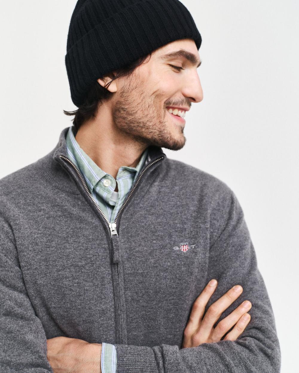 Gant Superfine Lambswool Zip Cardigan Charcoal Melange