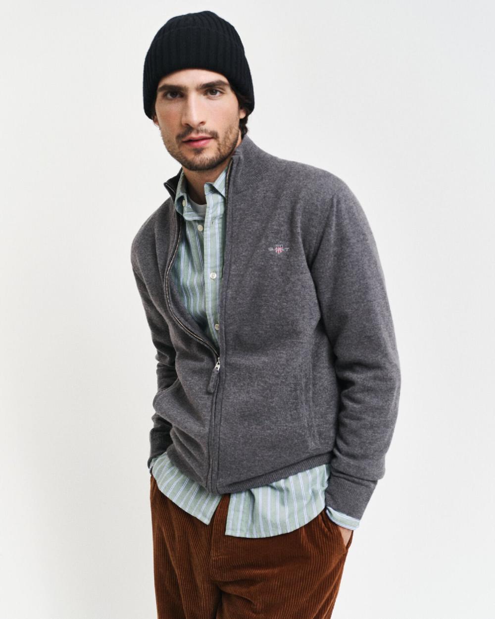 gant Superfine Lambswool Zip Cardigan charcoal melange