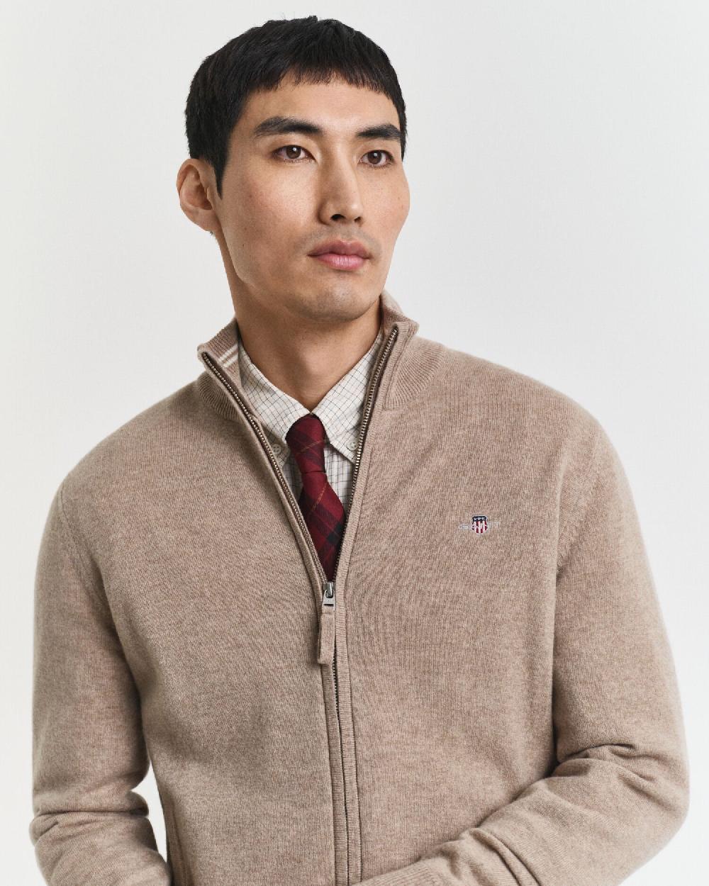 Gant Superfine Lambswool Zip Cardigan Dk Sand Melange