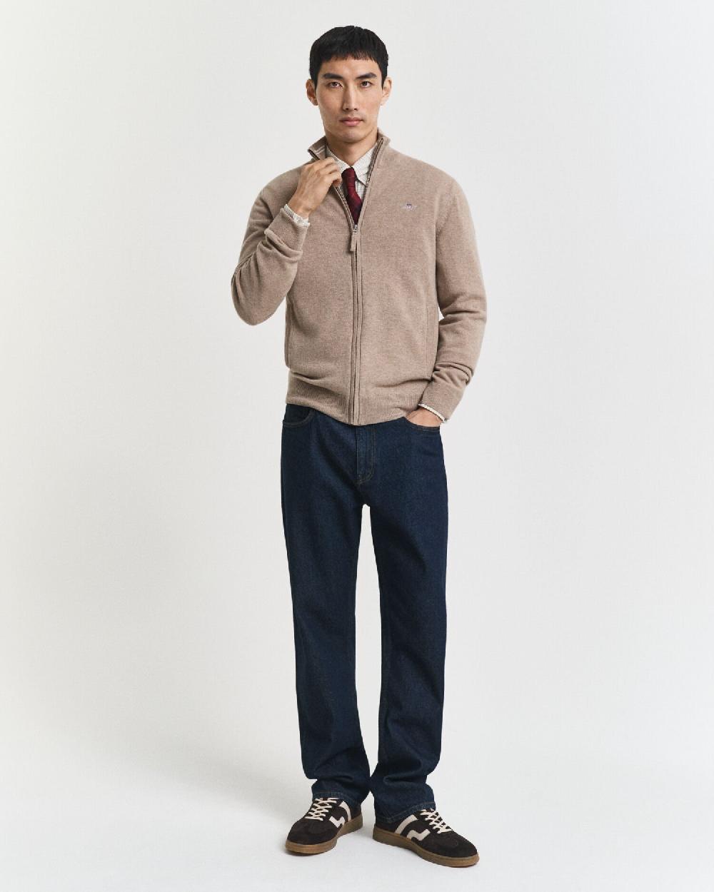 Gant Superfine Lambswool Zip Cardigan Dk Sand Melange