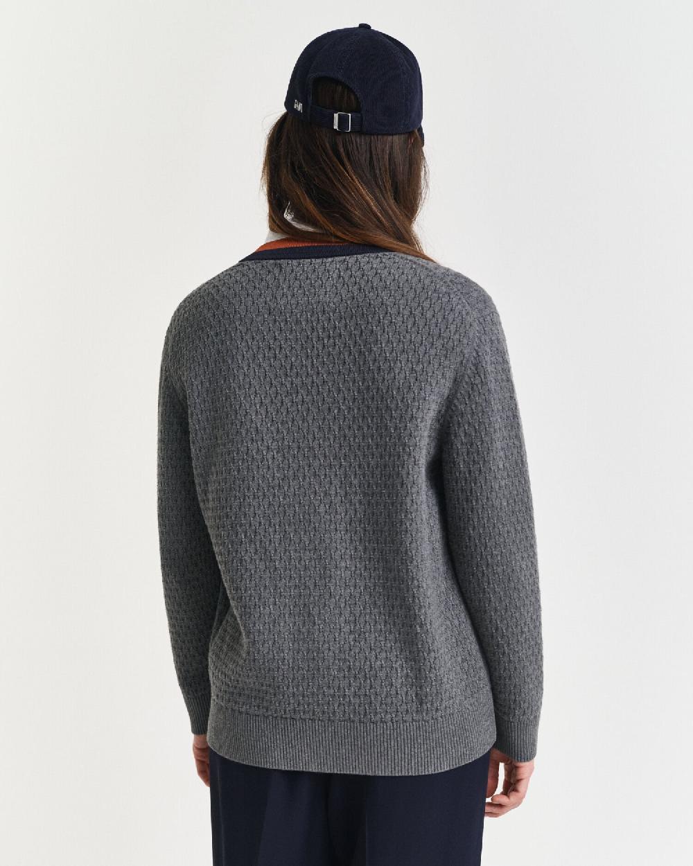 Gant Textured Cotton Contrast Cardigan Charcoal Melange