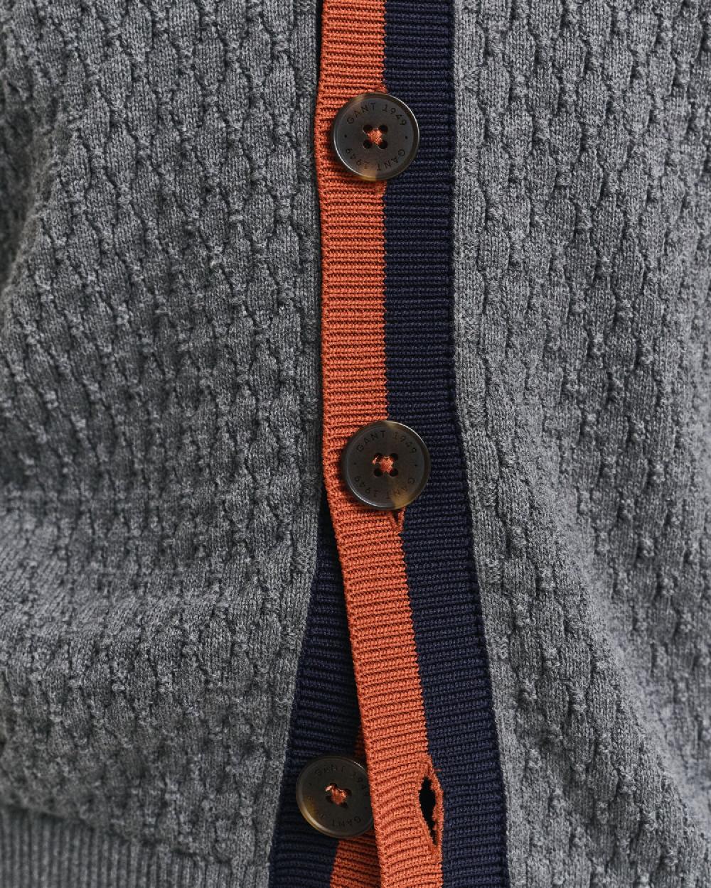 Gant Textured Cotton Contrast Cardigan Charcoal Melange