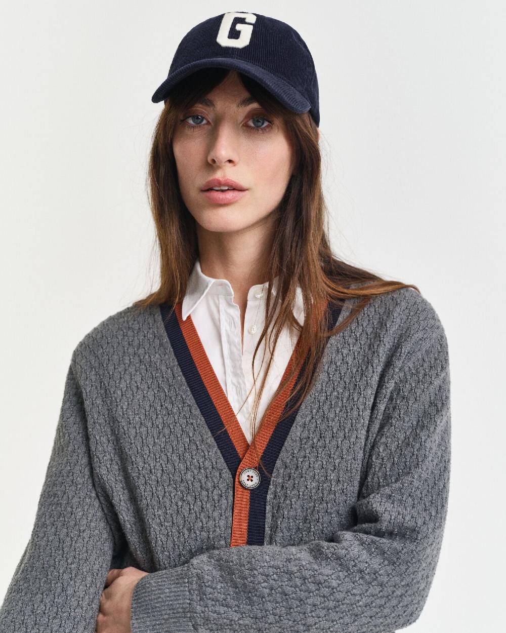 Gant Textured Cotton Contrast Cardigan Charcoal Melange