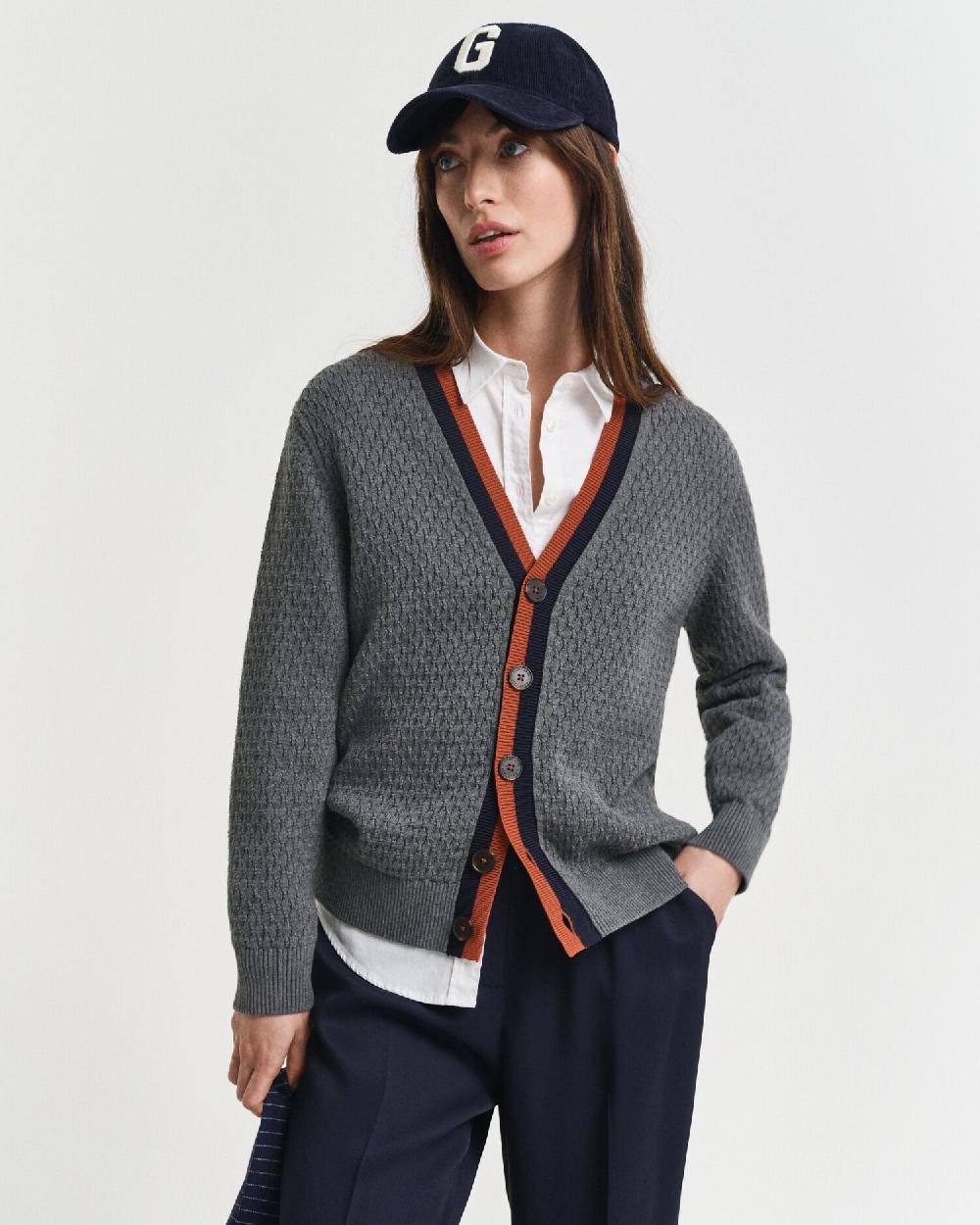gant Textured Cotton Contrast Cardigan charcoal melange