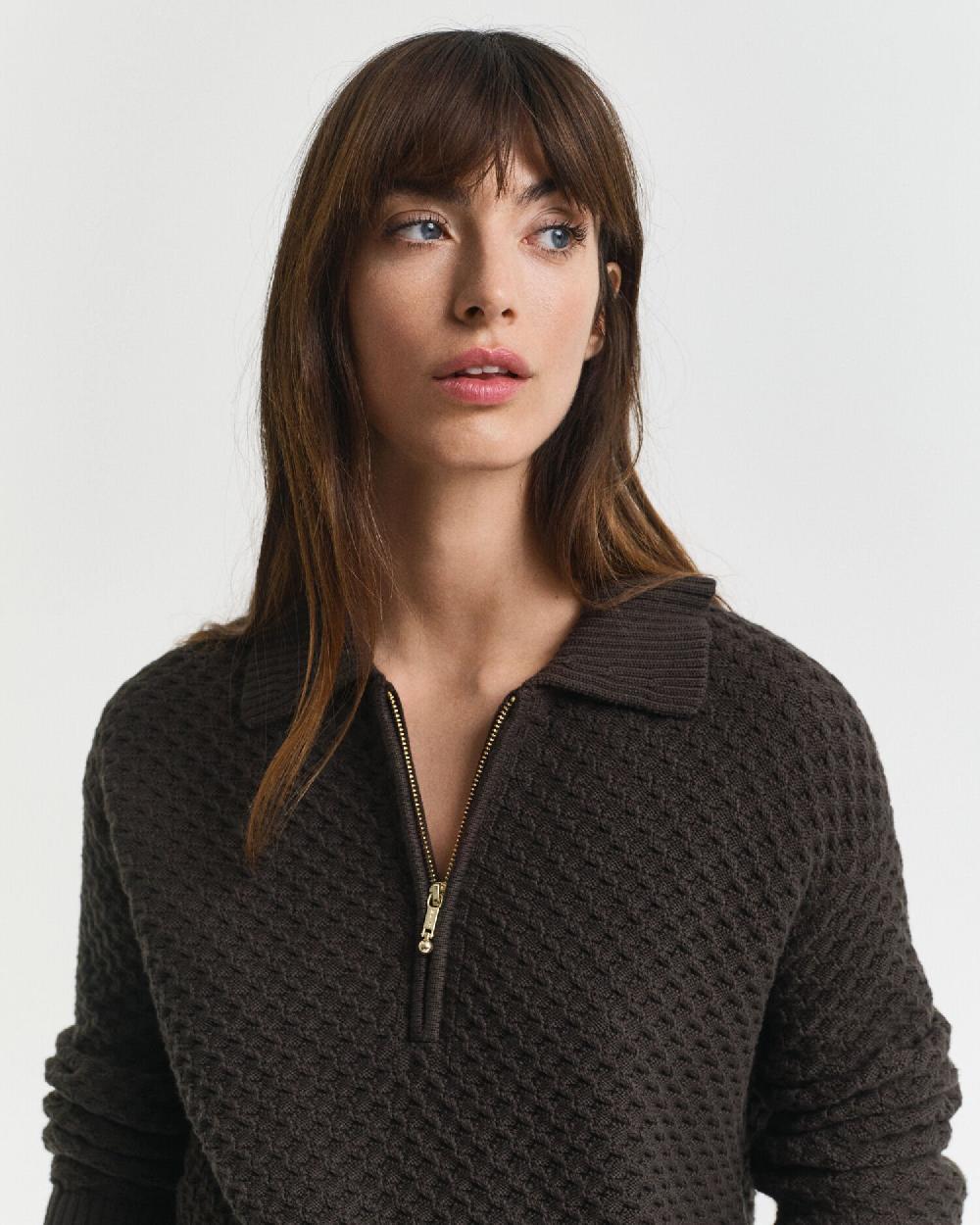 Gant Textured Cotton Half-Zip Sweater Dark Moss Green