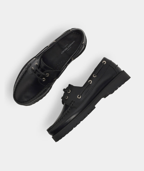 Garment Project Ollie Boat Shoe Black Polido Leather