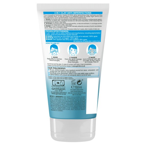 Garnier PURE ACTIVE 3 In1 Clay Wash Scrub Mask