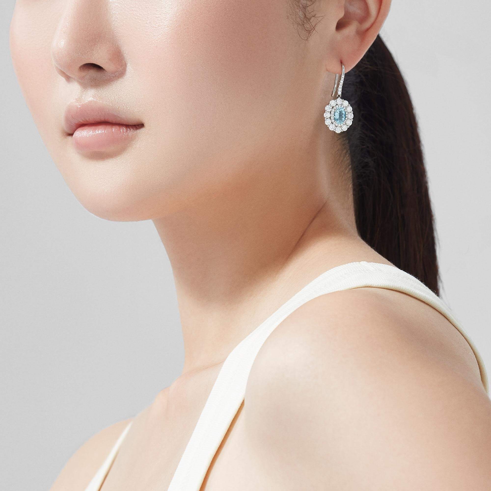 Garrard 1735 Double Cluster Aquamarine Drop Earrings In Platinum With Diamonds