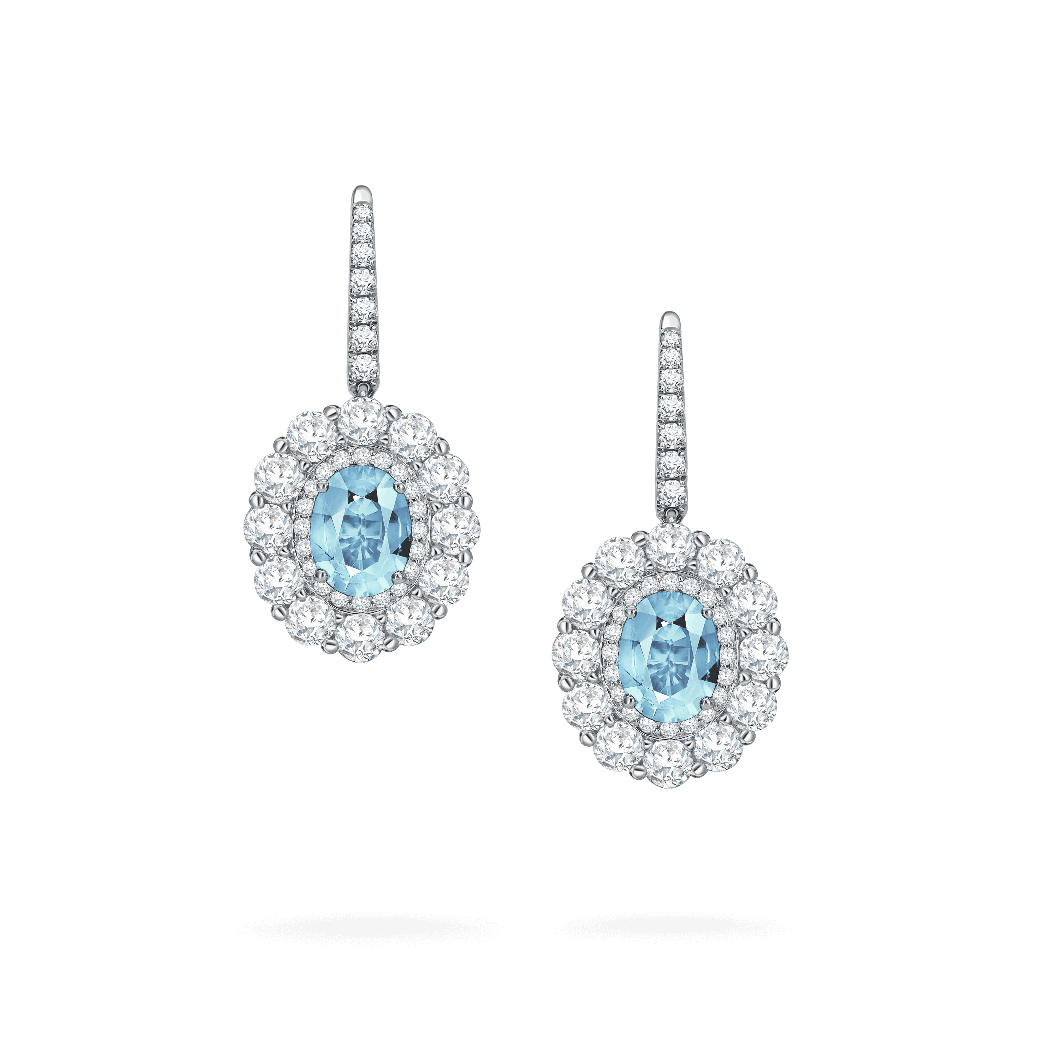 garrard 1735 Double Cluster Aquamarine Drop Earrings In Platinum with Diamonds