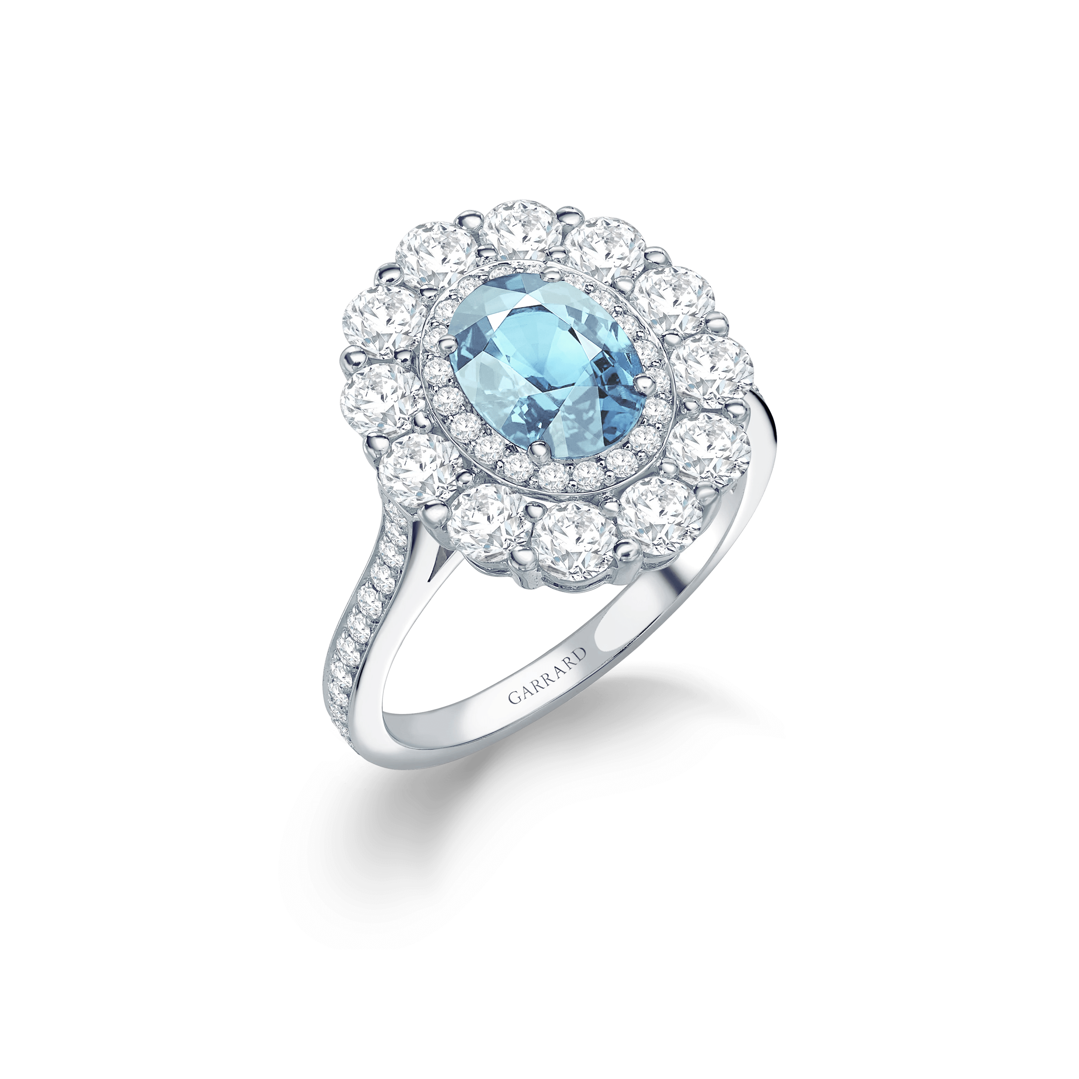 garrard 1735 Double Cluster Aquamarine Ring In Platinum with Diamonds