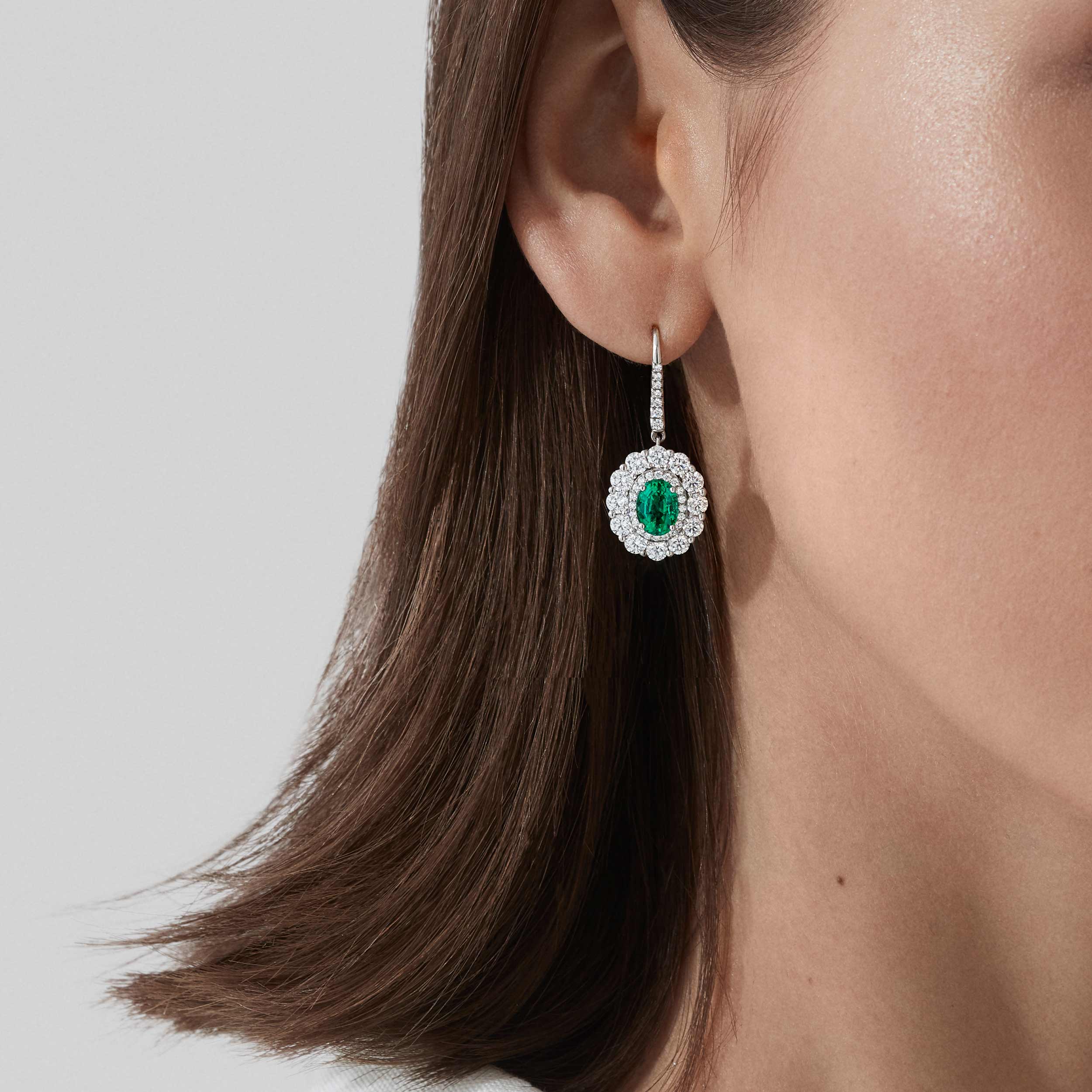 Garrard 1735 Double Cluster Emerald Drop Earrings In Platinum With Diamonds