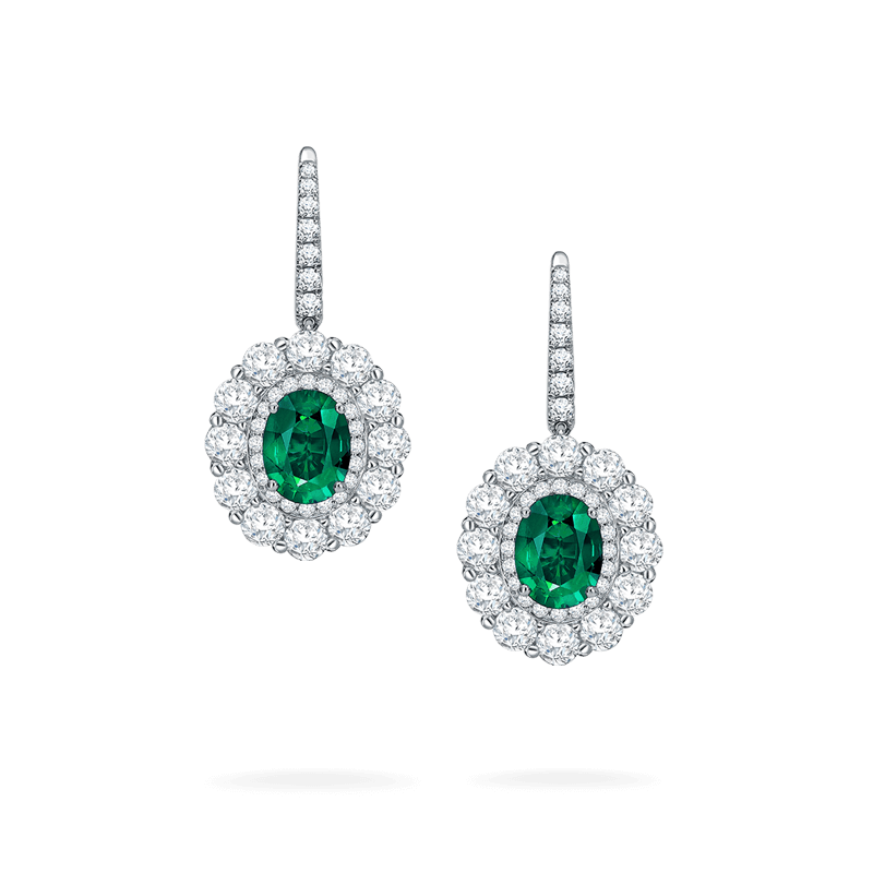 garrard 1735 Double Cluster Emerald Drop Earrings In Platinum with Diamonds