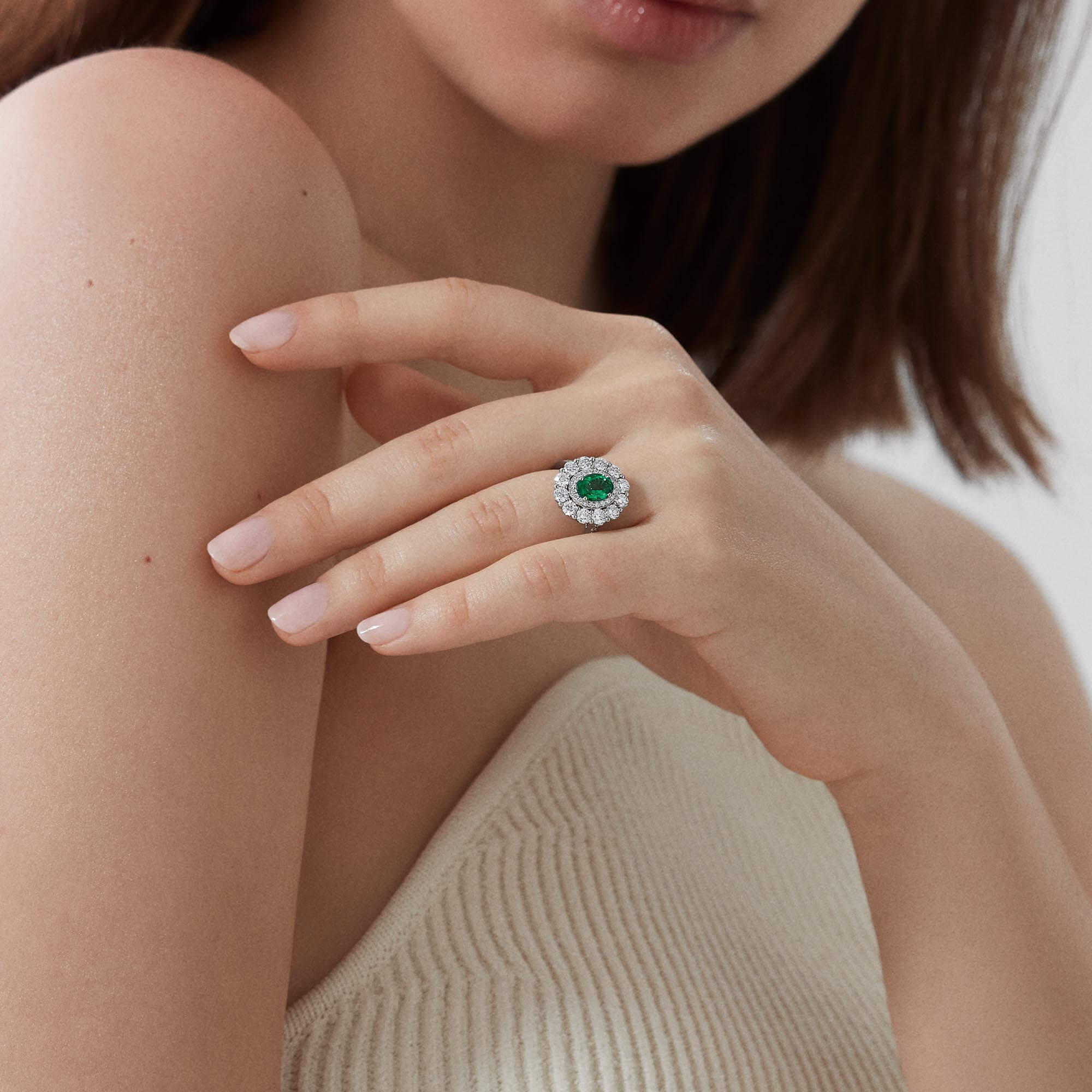 Garrard 1735 Double Cluster Emerald Ring In Platinum With Diamonds