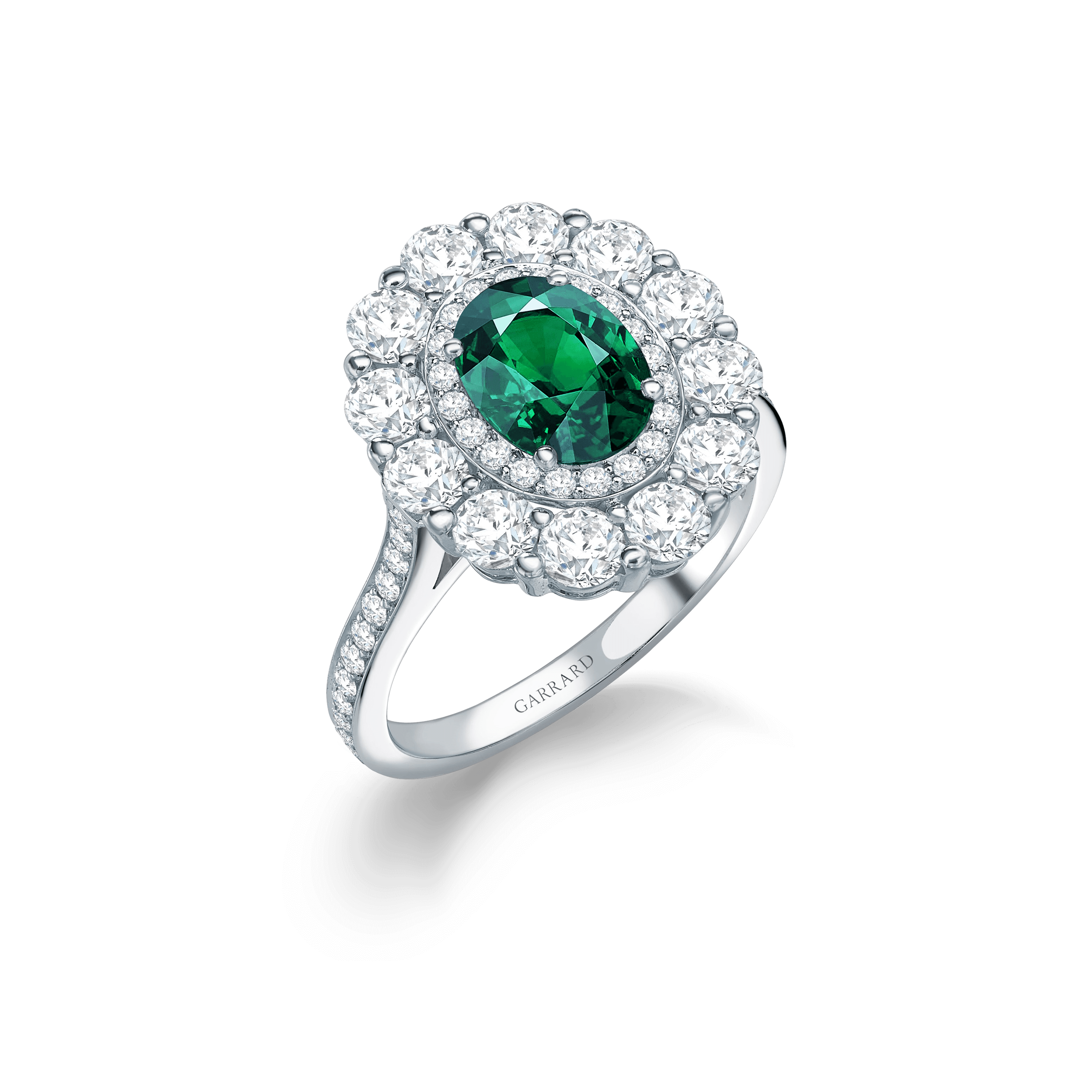 garrard 1735 Double Cluster Emerald Ring In Platinum with Diamonds garrard 1735 Double Cluster Emerald Ring In Platinum with Diamonds