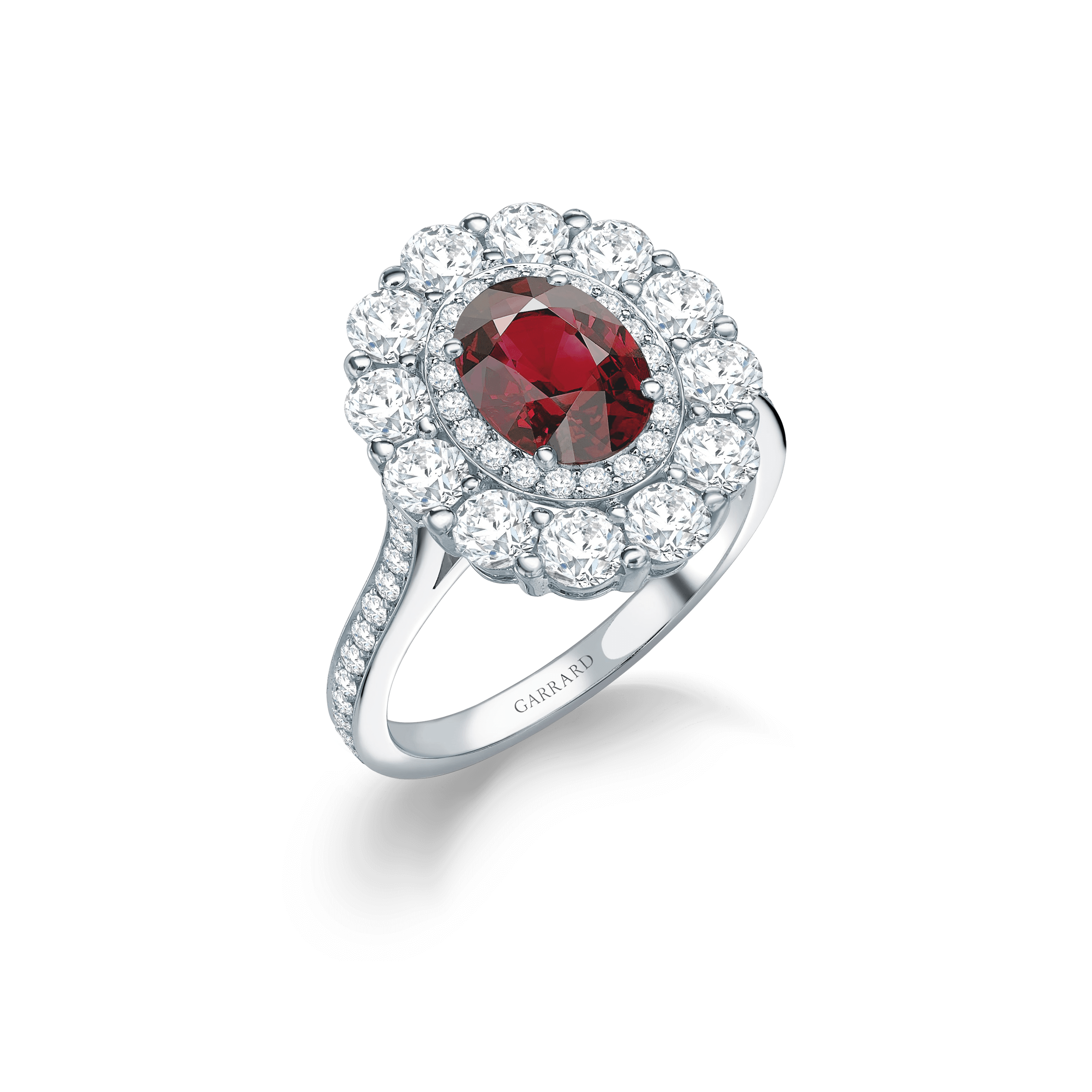 garrard 1735 Double Cluster Ruby Ring In Platinum with Diamonds
