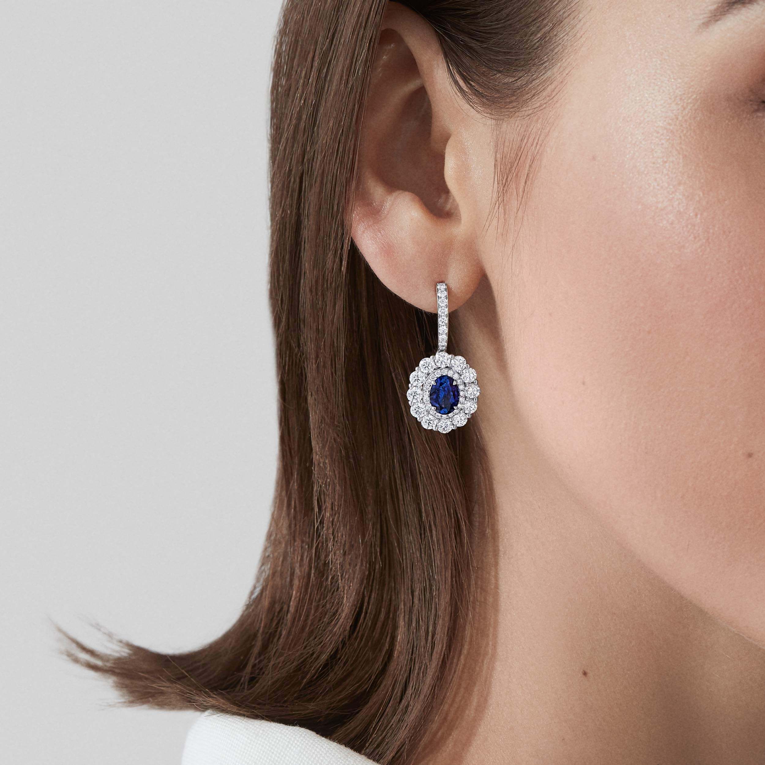 Garrard 1735 Double Cluster Sapphire Drop Earrings In Platinum With Diamonds