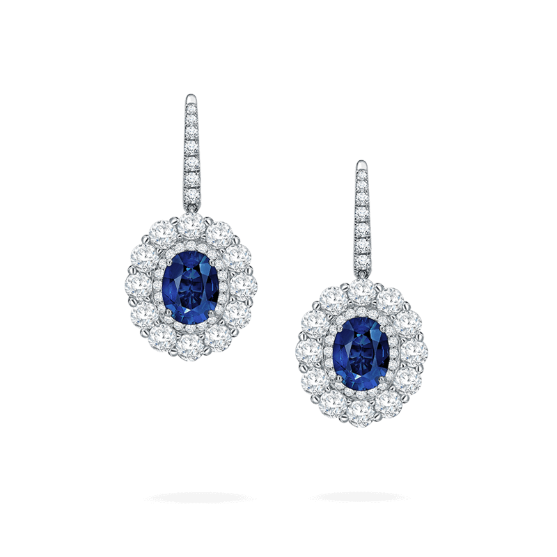 garrard 1735 Double Cluster Sapphire Drop Earrings In Platinum with Diamonds