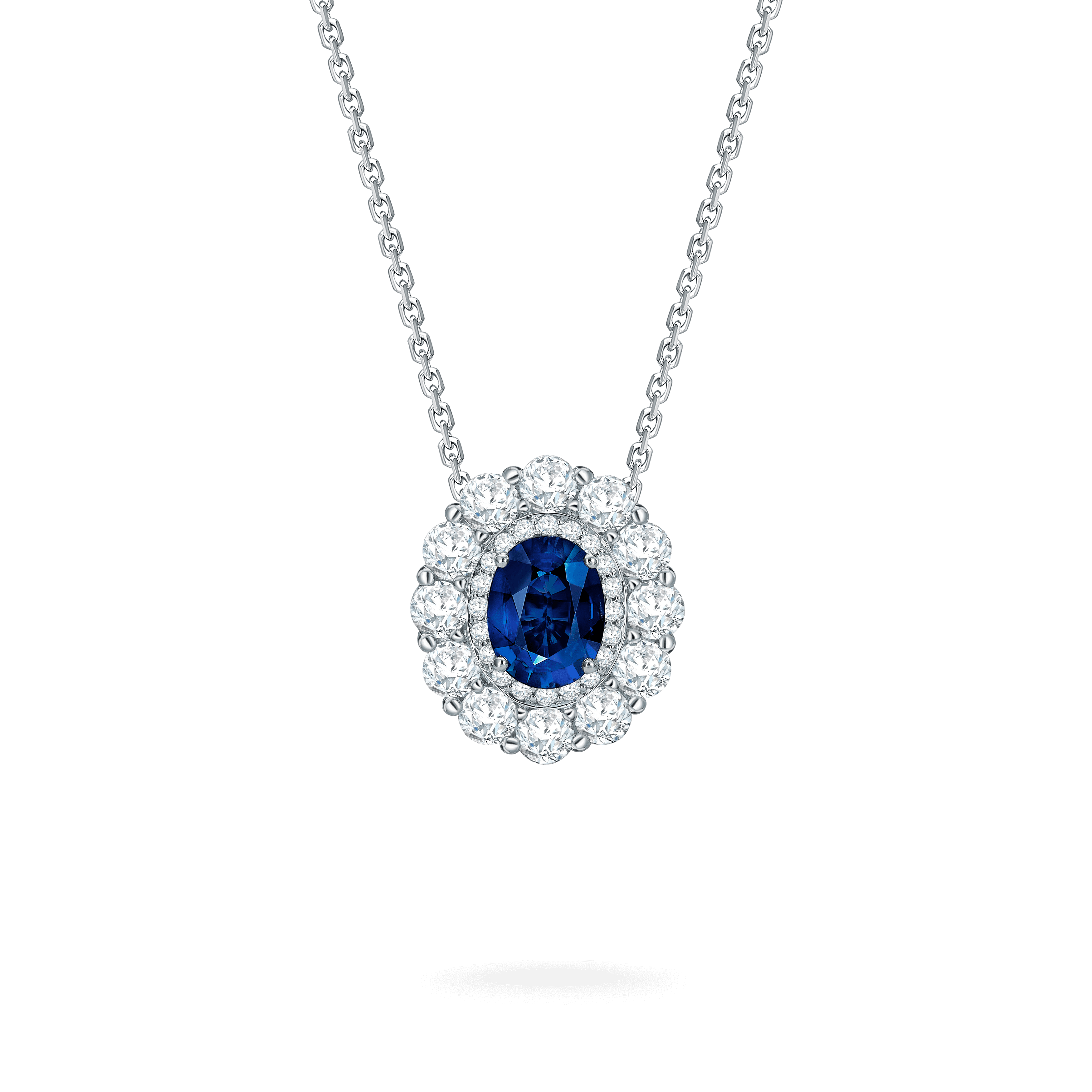 garrard 1735 Double Cluster Sapphire Pendant In Platinum with Diamonds