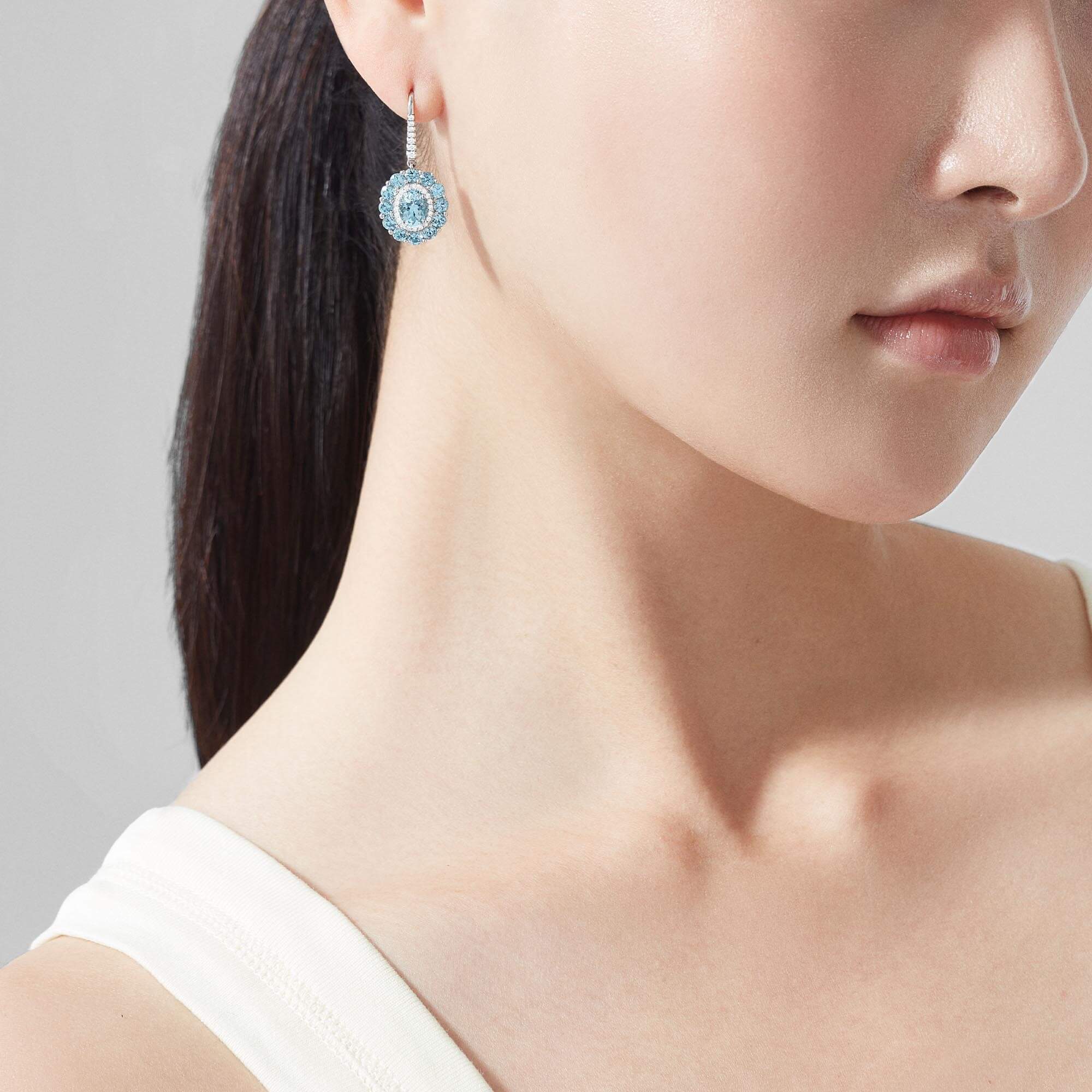 Garrard 1735 Double Colour Cluster Aquamarine Drop Earrings In Platinum With Diamonds