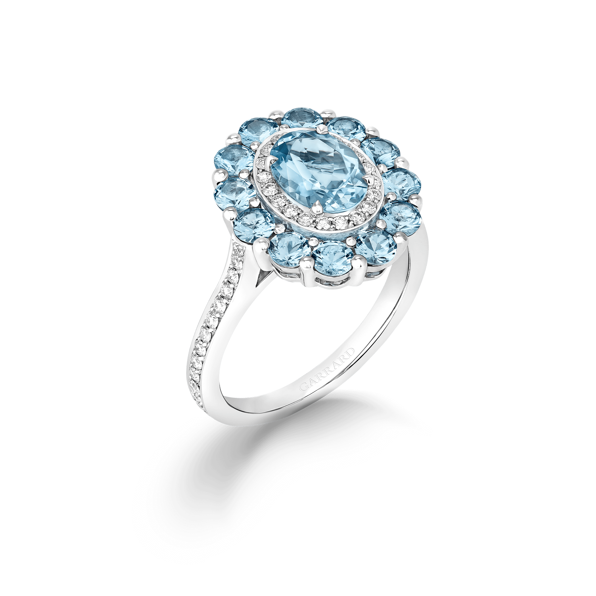 garrard 1735 Double Colour Cluster Aquamarine Ring In Platinum with Diamonds