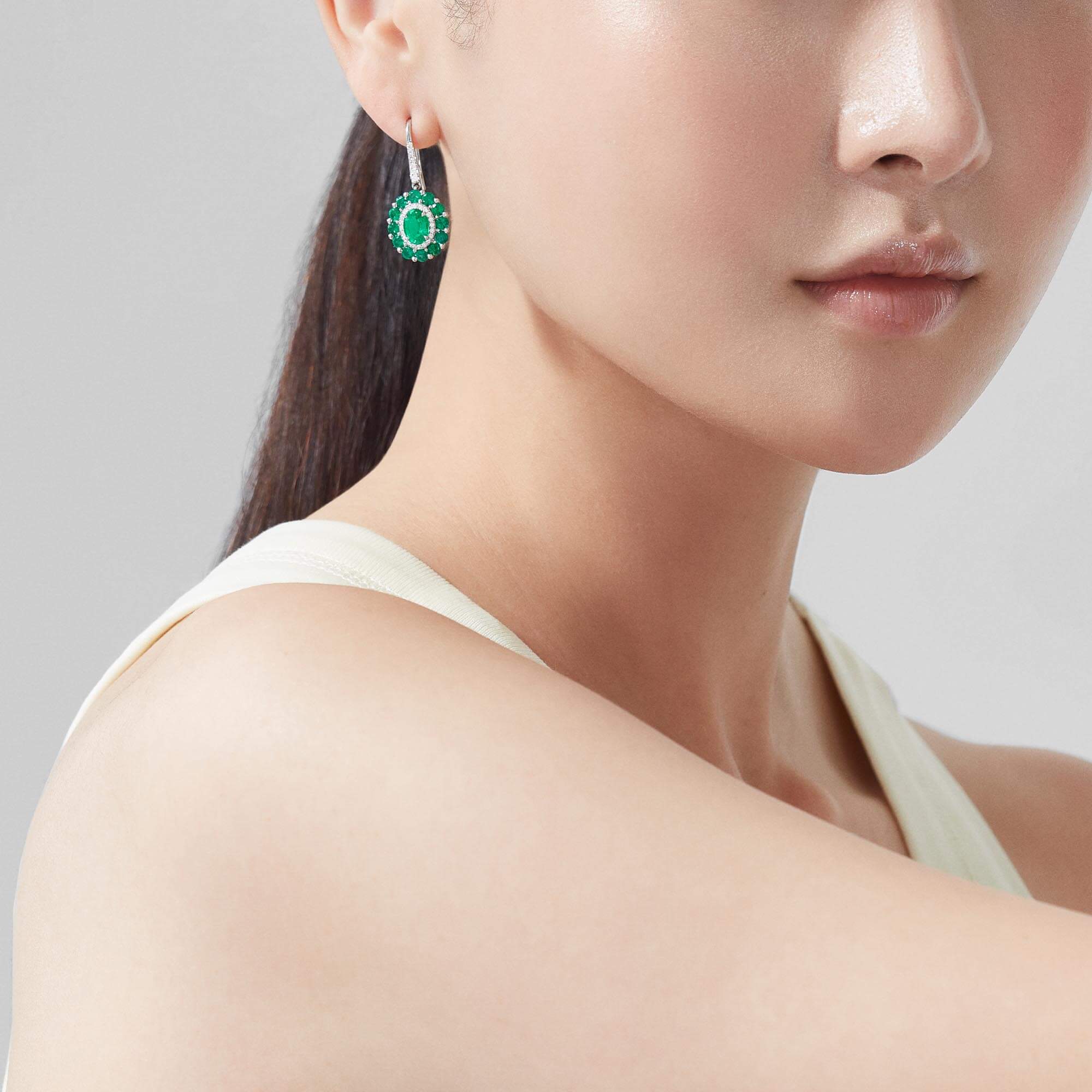 Garrard 1735 Double Colour Cluster Emerald Drop Earrings In Platinum With Diamonds