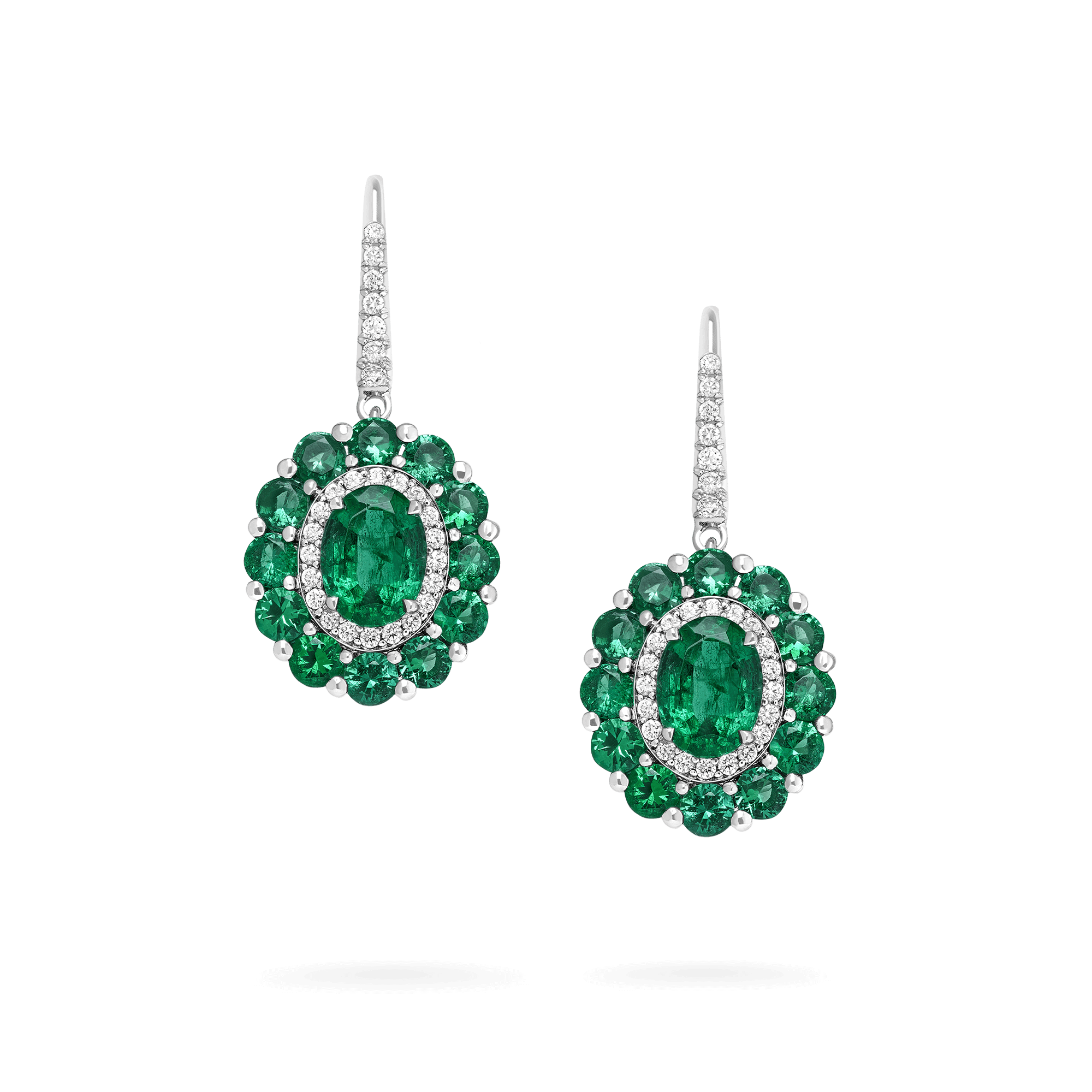 garrard 1735 Double Colour Cluster Emerald Drop Earrings In Platinum with Diamonds