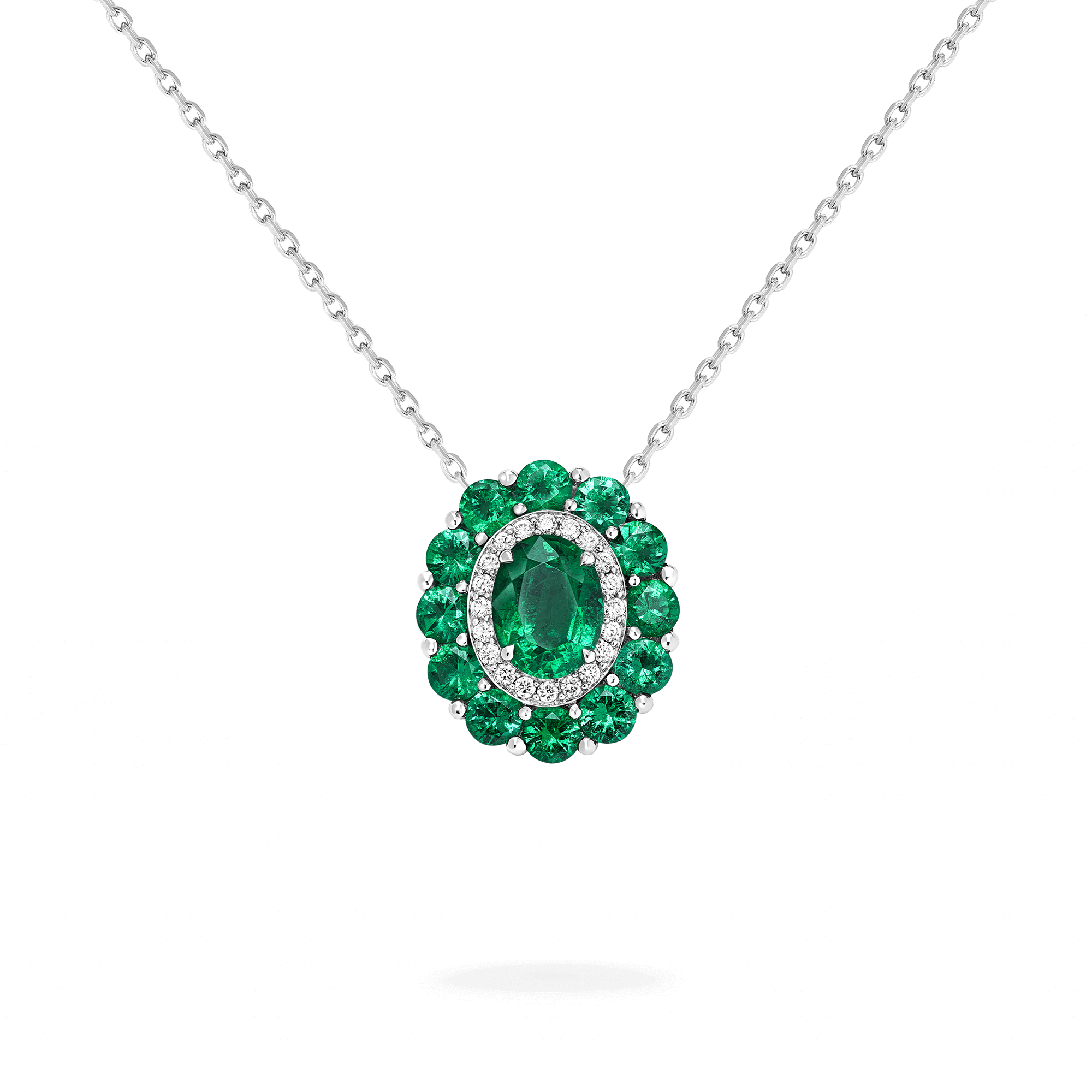 garrard 1735 Double Colour Cluster Emerald Pendant In Platinum with Diamonds