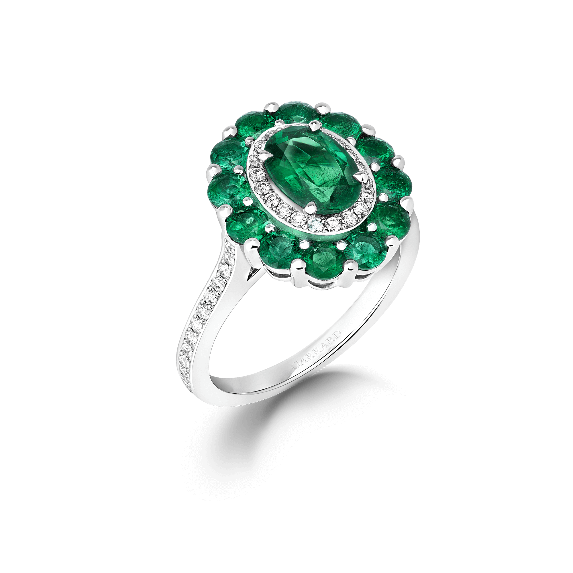 garrard 1735 Double Colour Cluster Emerald Ring In Platinum with Diamonds
