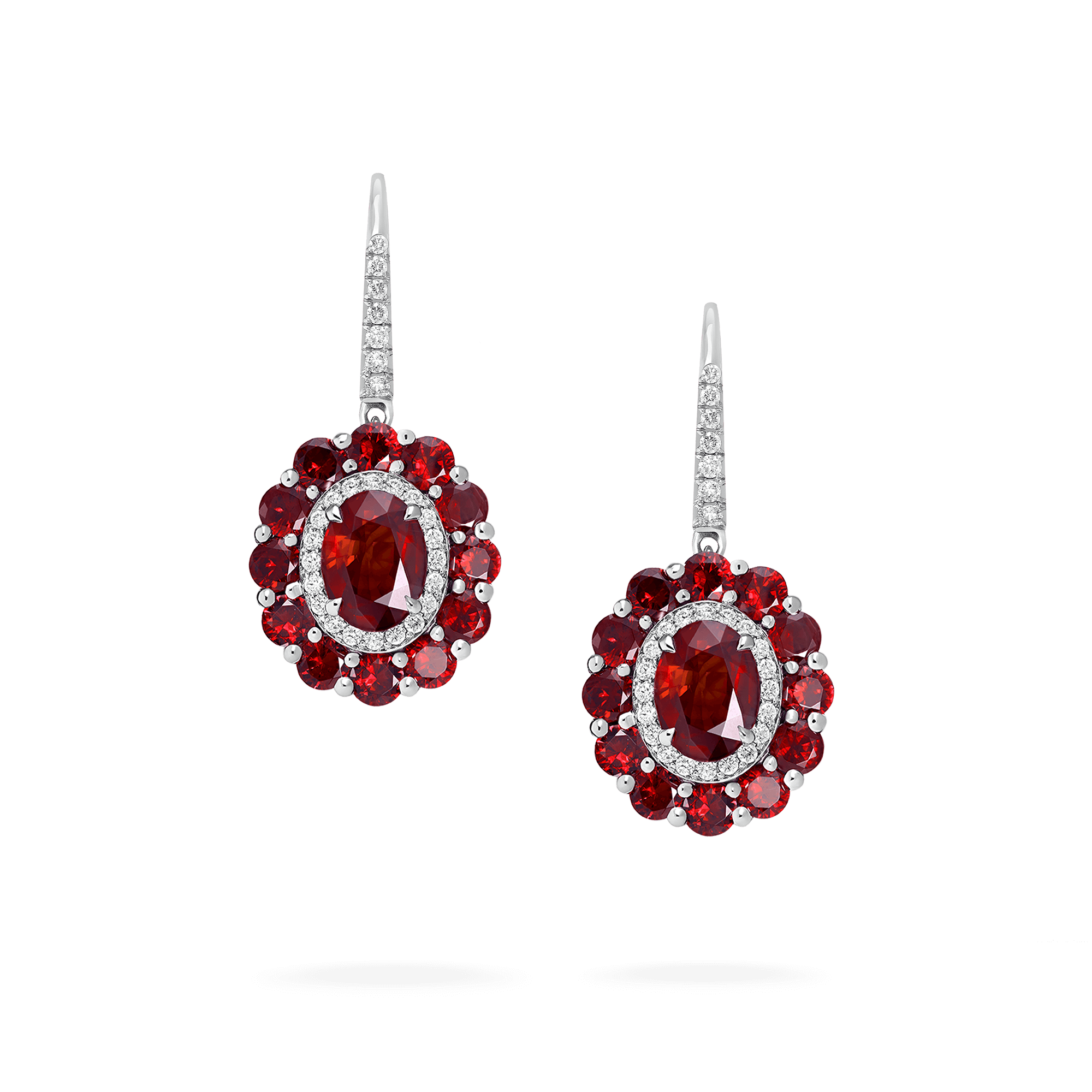 garrard 1735 Double Colour Cluster Ruby Drop Earrings In Platinum with Diamonds